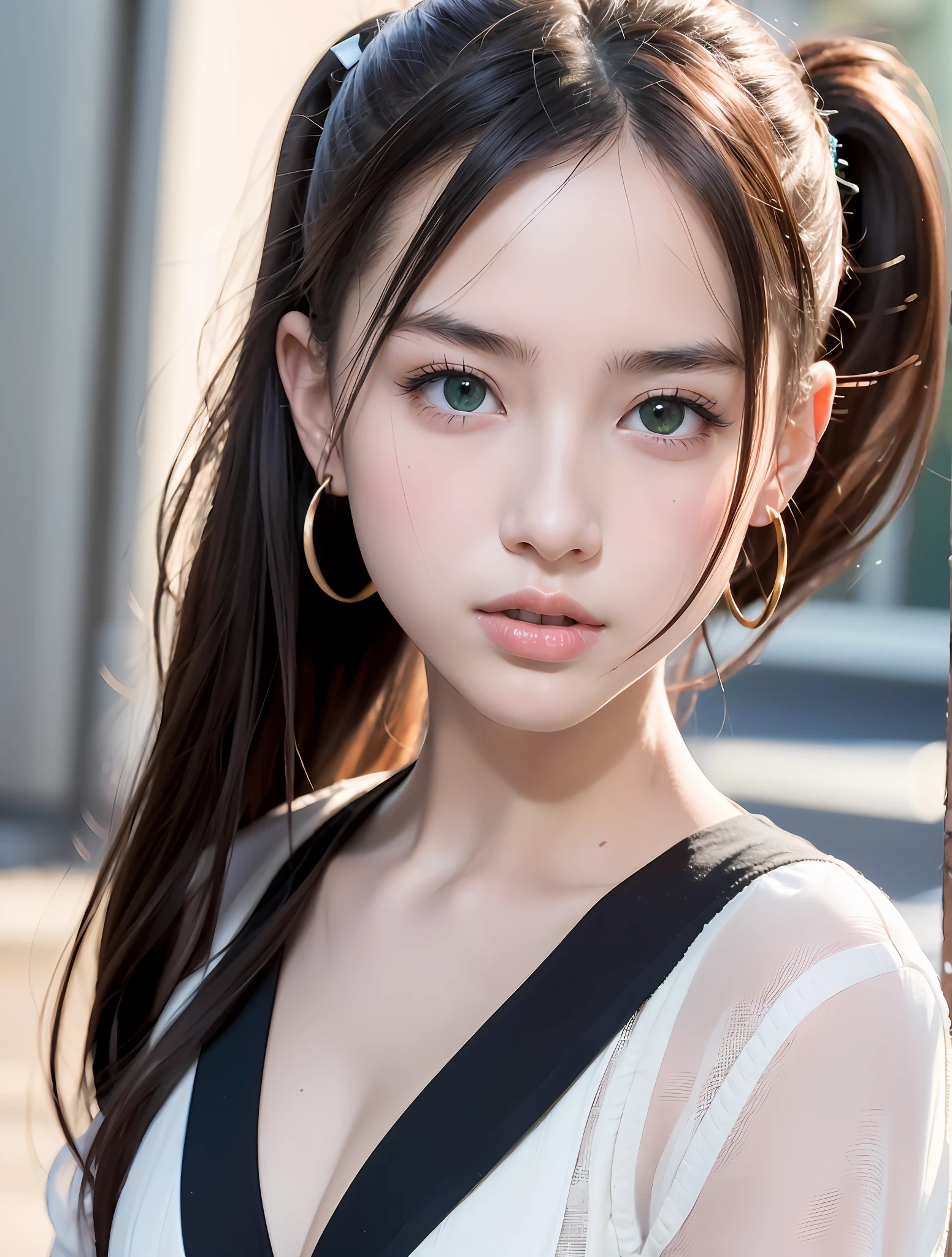 Random posture, (very delicate and beautiful work), (masterpiece), one girl, (girl in school uniform: 1.2), high resolution, waist circumference, distorted ponytail, attractive expression, beautiful clear eyes, green pupils, delicate earrings, fairy ears, simple blurred background, very detailed description, beautiful face, delicate figure, thin collarbone, beautiful lips, soft back view, mix4, (8K, RAW Photos, Top Quality, Masterpiece: 1.2), (Realistic, Photorealistic: 1.37), One Girl, Cute, Cityscape, Night Rain, Professional Lighting, Photon Mapping, Radiosity, Physically Based Rendering, (Glossy Skin: 1.2)