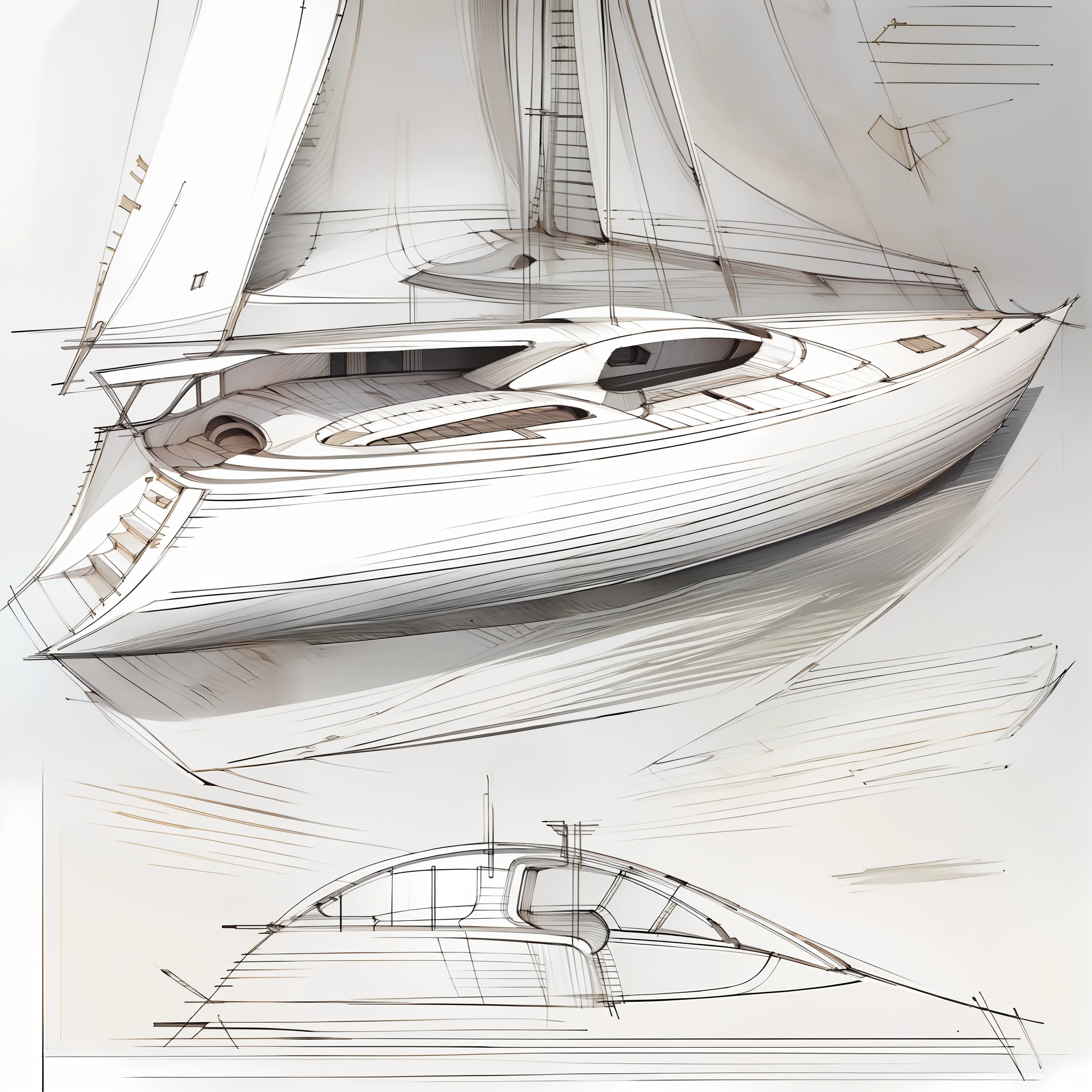 (obra-prima)),(((melhor qualidade)),(folha de design de PROJETADO DE UM BARCO CATAMARAM SPORT, , mesmo BARCO, frente, lado, costas), illustration, ARTE CONCEITUAL 1 BARCO, SKETCH, Drawn in pencil, DESIGN OF PROTOTYPE OF A BOAT ( fundo branco: 1.3)