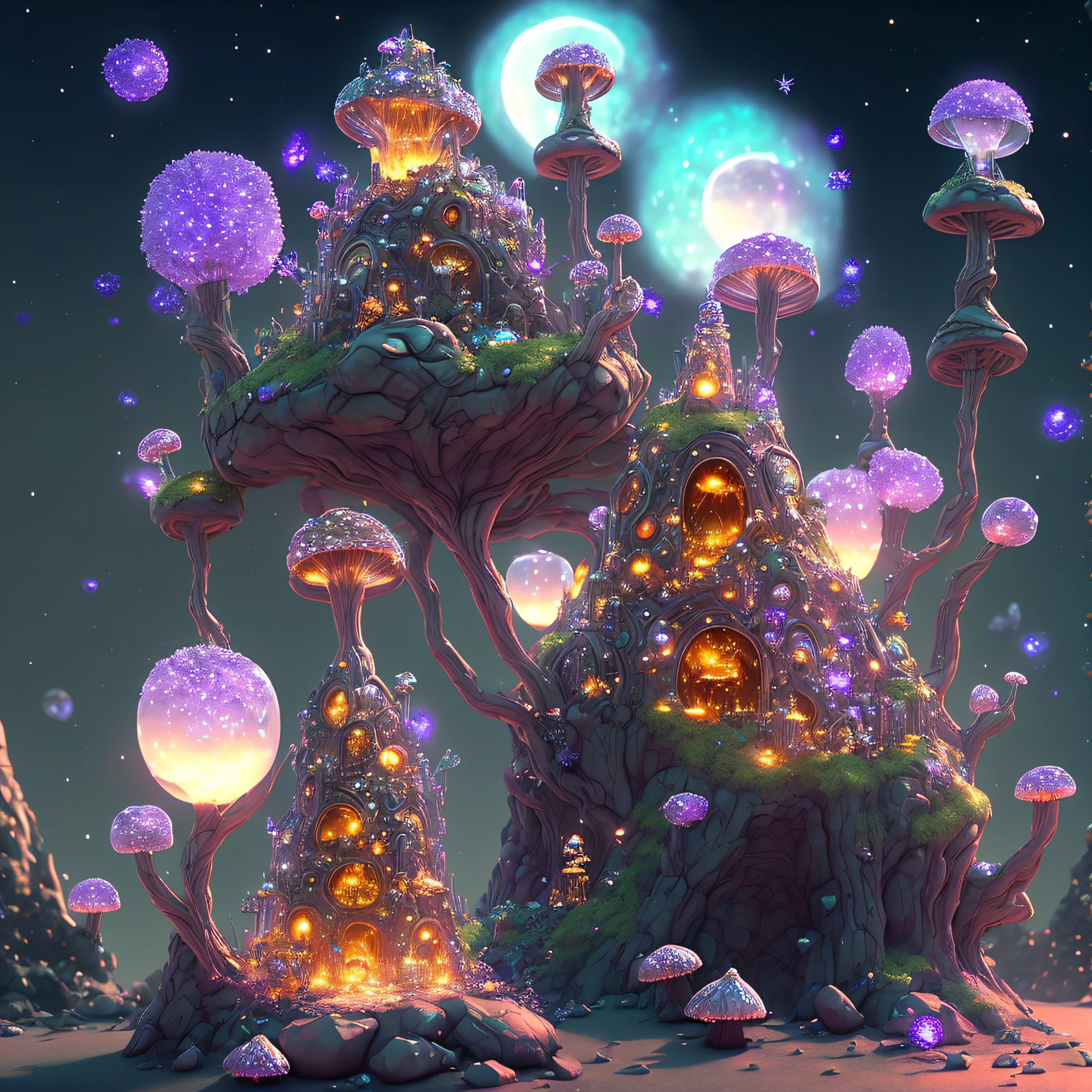 Prompted: platinum ant castle with crystals and glass, it is flaming, castle is on an anthill with blooming magic mushrooms and plants, background is a futuristic city at night with stars and lighting particles, photorealistic, 4k, ray tracing