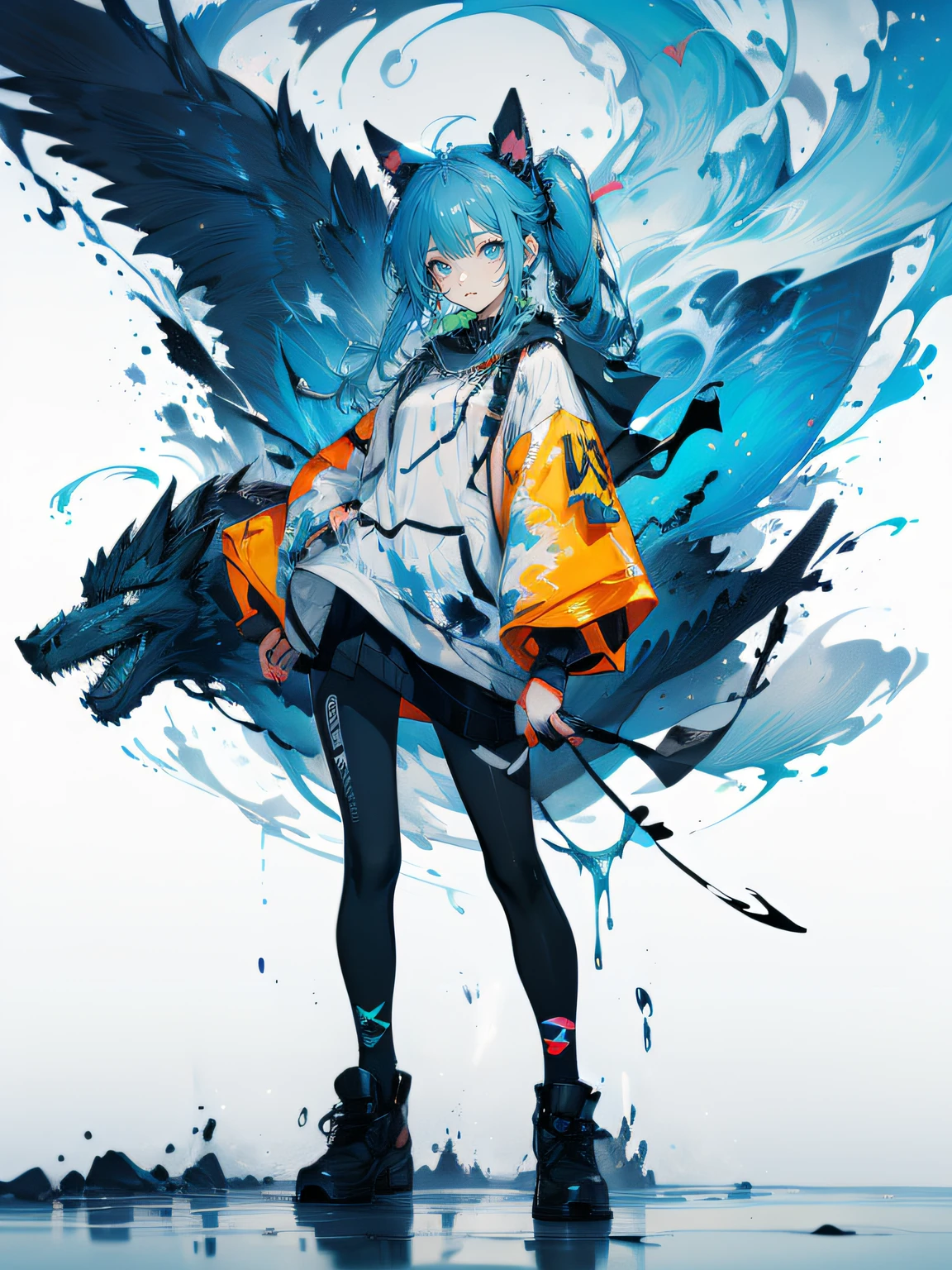 Blue-haired side ponytail,Design clothing,Seven-doppelganger shot,Anime style 4K,Anime girl with teal hair,High quality anime art style,Standing painting,Splash ink background,Blue Themes。