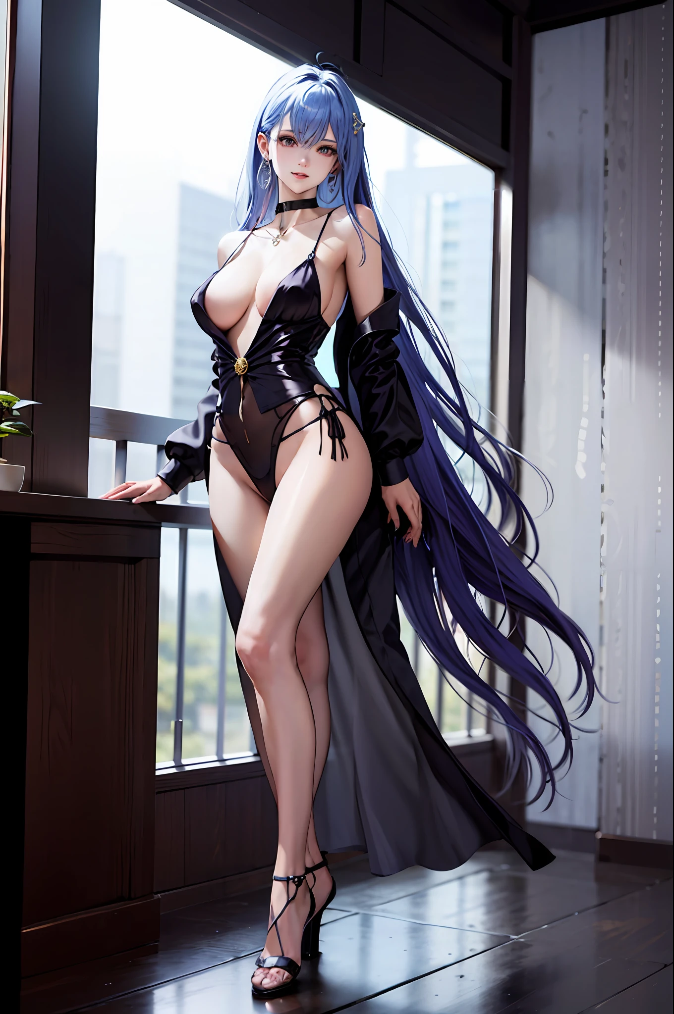 Best quality、tmasterpiece、A high resolution、fully body pose,1girll、Sheer silk porcelain dress、Full body like,Nice face、hair adornments、looking at viewert、ssmile、Long shirt、floated hair,hair adornments、choker necklace、jewely、long whitr hair、耳Nipple Ring、pretty face、Sexy body、Tindal effect、hentail realism、Shadow Studio、edge lit、bicolor lighting、(highdetailskin:1.2)、8K, Ultra HD、Digital SLR、softlighting、high high quality,Volumetriclighting,photore,High resolution 4K,8K,blur backgroun
