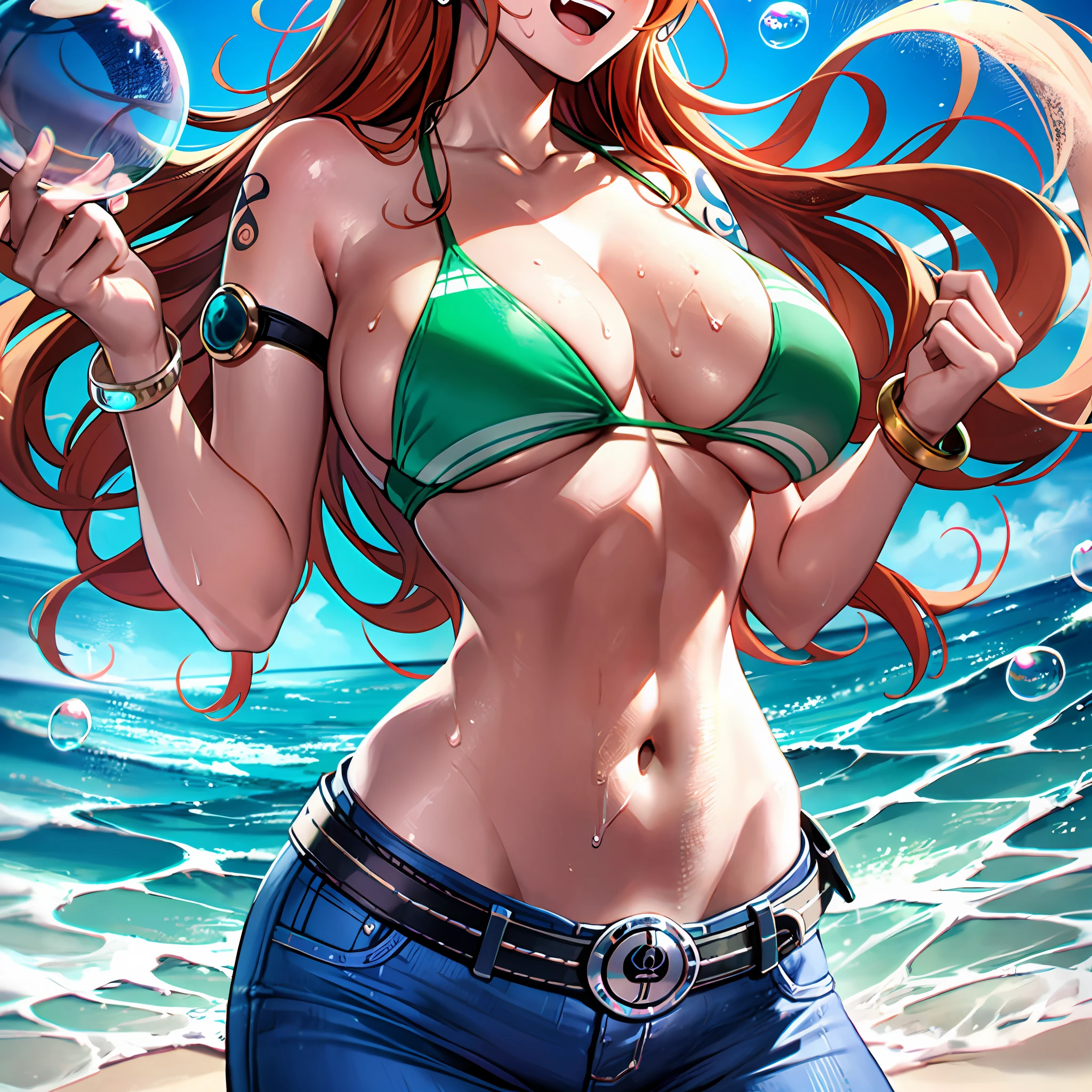 nami \(one piece\),
1girl, bangle, bangs, bare shoulders, belt, bikini, bikini top only,  bracelet, breasts, brown eyes, bubble, cleavage,  denim, earrings, floating hair, green belt, green bikini, groin, jeans, jewelry, large breasts, long hair, looking at own body, navel, orange hair, pants, shoulder tattoo, sidelocks, sky, smile, solo, stomach, swimsuit, tattoo, angry, grabbing own breasts, sweaty, shy, flusttered,
, ((masterpiece))