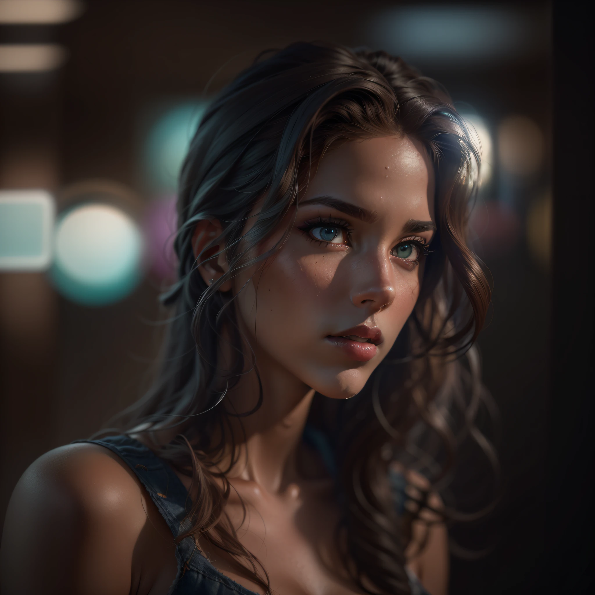 Foto de retrato de rosto completo de europeia de 25 anos, .RAW, mulher bonita, semi-open strawberry lip, covinhas, wistful expression, (brown hair with extra long wavy), ((rosto detalhado)), ((detailedfacialfeatures)), (pele Fina detalhada), pale skinned, ambiente de megacidade cyberpunk, (cor Fria), humid, humid, reFlexo, (masterpieceShot com Canon EOS R5 (detalhe) (Fotos realistas) (detalhes detalhados) mola a 50mm, F/2.8, HDR, (8k) (papel de parede) (cinematic lighthing) (lighting dramatic) (foco nítido) (complexo), FotograFia .RAW, FotograFia .RAW, FotograFia gigachade, camera pose, jeans preto, back arm, 8k UHD, DSLR, de alta qualidade, grain movie, FujiFilm XT3, Film Stock Photo 4 Kodak Portra 400 Camera F1.6 Rich Lenses Colors Ultrarealistic Textures Dramatic Lighting Unreal Engine Art Station Trends Cinestill 4B8r3B4p7yhRXuBWLqsQ546WR43cqQwrbXMDFnBi6vSJBeiF8tPW85a7r7DM961Jvk4hdryZoByEp8GC8HzsqJpRN4FxGM9mess, Muscles, Veias Estouradas, Contas, (( portanto & roxo vestido sexy)), (rabo de cavalo, 1 casco grande),