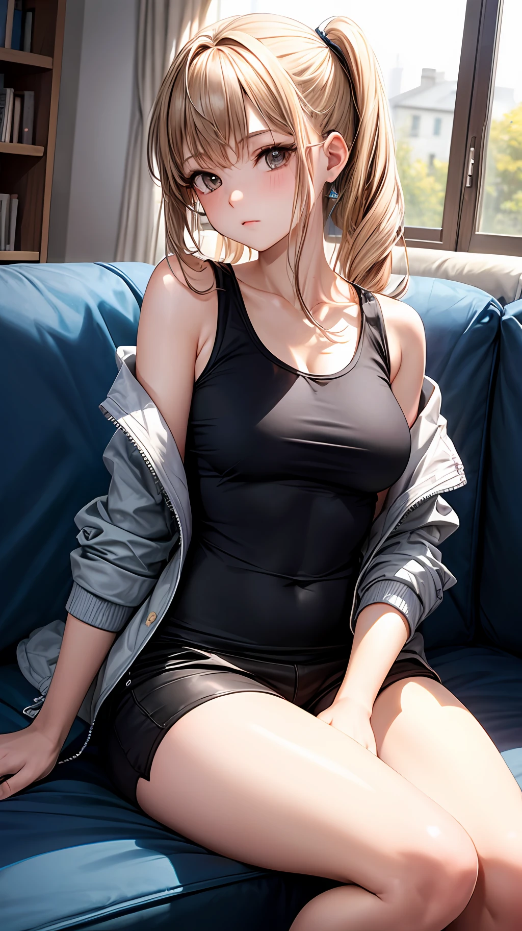 1girl, Wearing jacket, and black tanktop, sitting on sofa, house background, other details