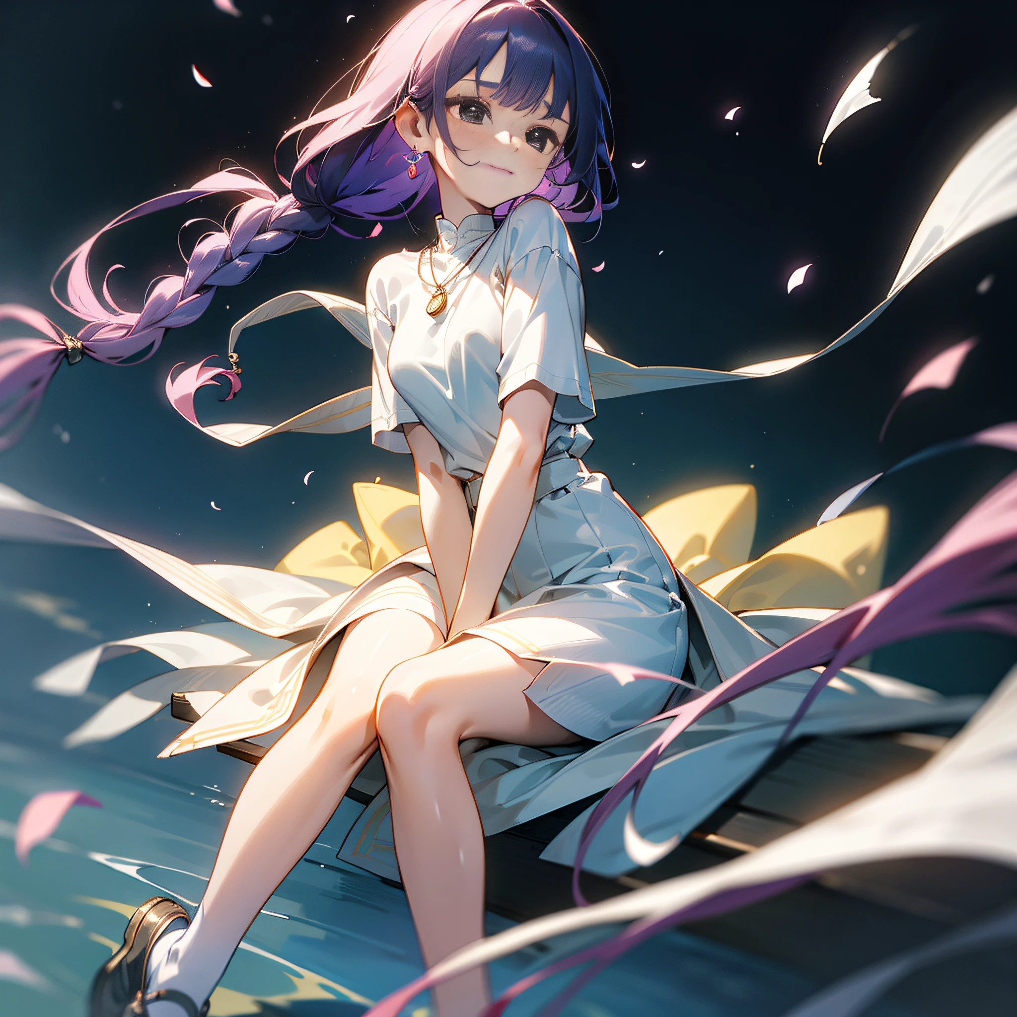 (Extreme Detail CG Unity 8K Wallpapers,tmasterpiece,Highest image quality),(Delicate light and shadow,The picture is highly dramatic,Cinematic lens effect),The familiar tsundere childhood sweetheart next door、Stand in the center of the picture、She has a beautiful and delicate face,Good looks,Delicate facial features。Big eyes of the water spirit、long eyebrow、Long colored hair、with fair and smooth skin、Healthy, youthful tone、Sweet smiling、Wear a comfortable shirt、Knitwear or T-shirts,Wear yours with a short or long skirt、Clothing colors favor soft and warm colors,For example, Light pink、pale-blue、Beige, etc,Wear small, delicate accessories,For example, Thin chain necklace、Small earrings or simple bracelets,Wear comfortable and stylish shoes,Love flats、Small white shoes、Chips dropped by petals、a sense of atmosphere、中景 the scene is、full bodyesbian