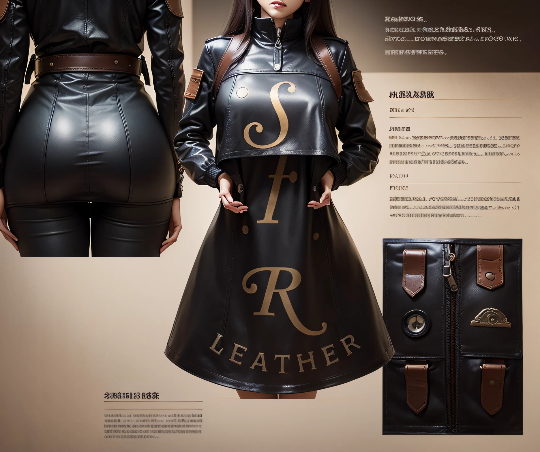 Leather Product, (masterpiece, best quality) detailed, product sheet, many items (+detail item description, many parts), + character description, full of detail.