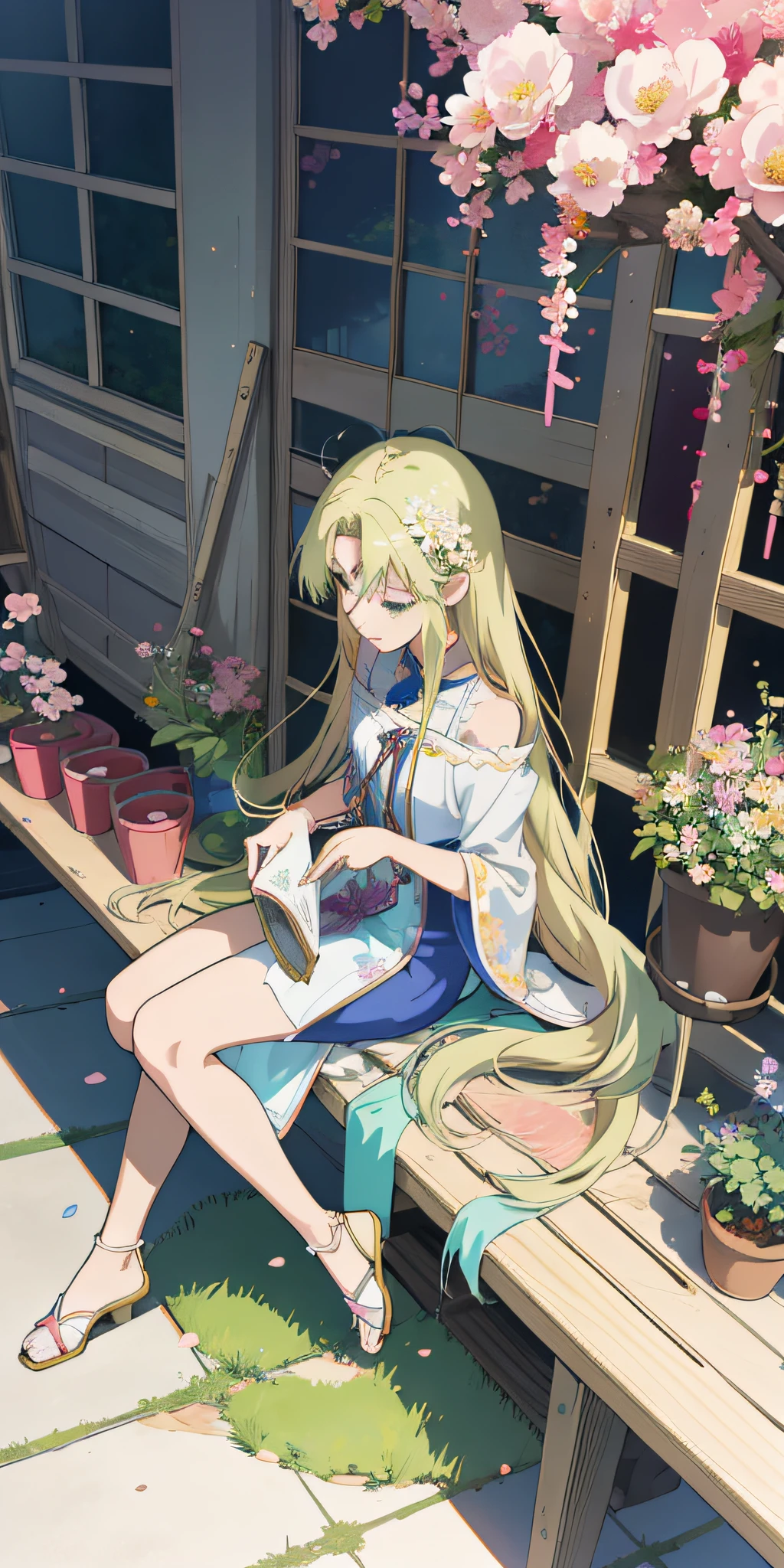 Anime girl sitting on chair with flower pot in hand, cute anime huaifu in beautiful clothes, beautiful and seductive anime woman, epic light novel art cover, 8k high quality detail art, epic light novel cover art, beautiful anime girl, beautiful anime woman, detailed key anime art, seductive anime girl, anime goddess, beautiful fantasy anime, 4K