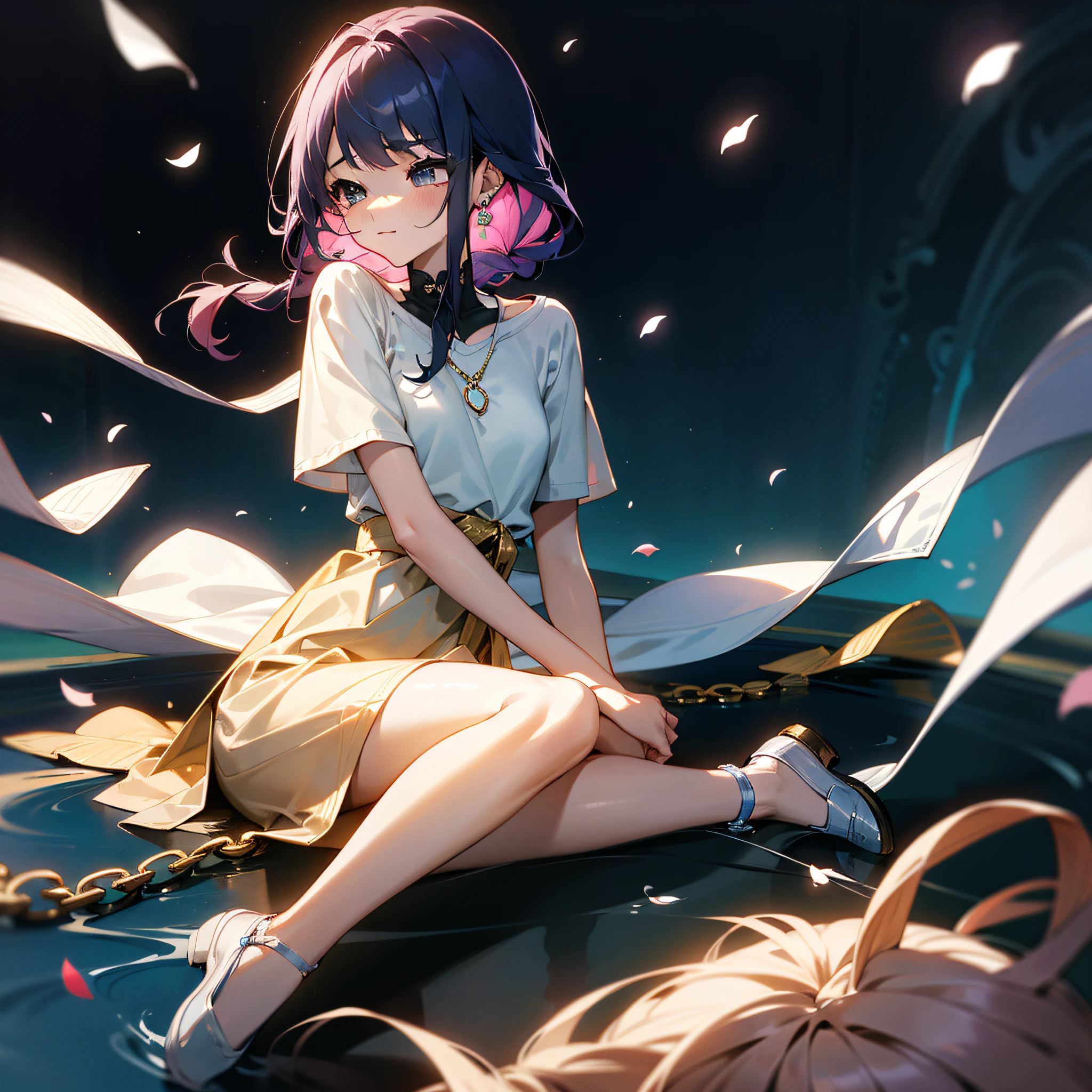 (Extreme Detail CG Unity 8K Wallpapers,tmasterpiece,Highest image quality),(Delicate light and shadow,The picture is highly dramatic,Cinematic lens effect),The familiar tsundere childhood sweetheart next door、Stand in the center of the picture、She has a beautiful and delicate face,Good looks,Delicate facial features。Big eyes of the water spirit、long eyebrow、Long colored hair、with fair and smooth skin、Healthy, youthful tone、Sweet smiling、Wear a comfortable shirt、Knitwear or T-shirts,Wear yours with a short or long skirt、Clothing colors favor soft and warm colors,For example, Light pink、pale-blue、Beige, etc,Wear small, delicate accessories,For example, Thin chain necklace、Small earrings or simple bracelets,Wear comfortable and stylish shoes,Love flats、Small white shoes、Chips dropped by petals、a sense of atmosphere、中景 the scene is、full bodyesbian