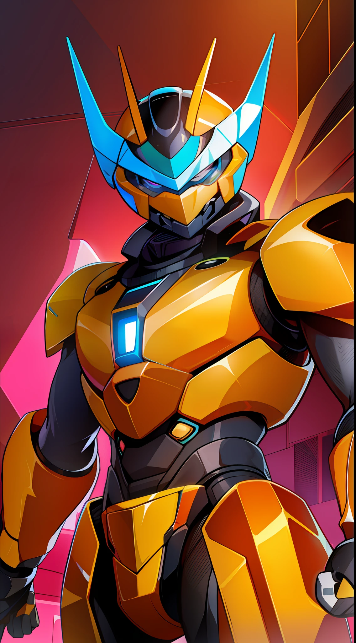 Young guy, short orange hair, Cyan eyes, Autobot armor, Bumblebee, Smile, Masterpiece, hiquality