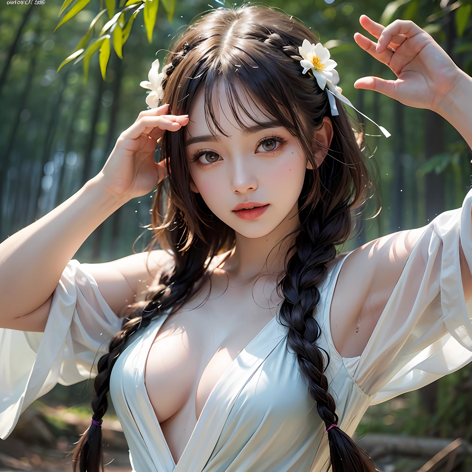 15-year-old smiling female classmate,(best qualtiy,8K,tmasterpiece:1.3),Goose egg face,largeeyes,long eyelasher,With bangs,Cool handsome,Domineering,Exquisite(live-action realistic style),Star-like eyes,Ultimate face,Photorealistic light and shadow,Clear facial features,Milky white skin,Fair skin, highdetailskin, Realistic skin details, Visible Pore,(Super detail),Petite body,(perfect bodies:1.1),Carmelto, full bodyesbian,Two braids,Hanfu,Ribbons,(wetclothes:1.4),((dynamicposes),Play Tai Chi,Show Kung Fu),((bamboo forrest,in the early morning,Neat lines)),((Dynamic background((volumettic light:1.3)) ,Dramatic scenes