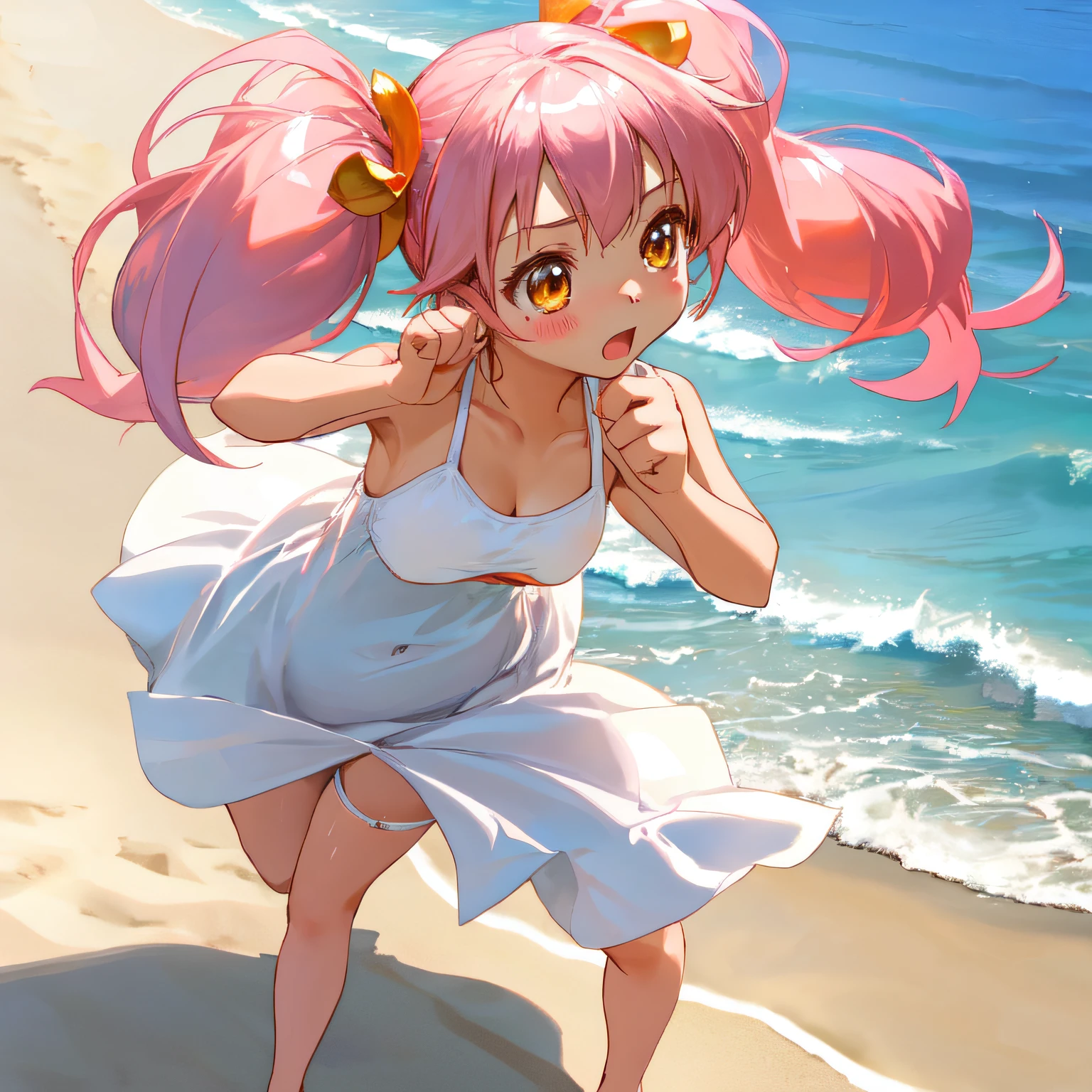 (Highly detailed CG Unity 8k wallpaper), (Best Quality), (Super Detail), (Best Illustration), (Best Shadow), POV, Realistic lighting and shading, Natural light, Lens flare effect,

 BREAK, 1 beautiful girl, Solo,(Cute:1.5),(Chibi:0.8), (kawaii:1.5),(Lori:0.5),
((girl, Cute, Graceful, Loli face)) ,(medium breasts),(Orange Eyes:1.2),(A pink-haired,short twintails,tareme:1.2), gleaming skin,Stuffed rabbit,

BREAK,Black Bunny Years Hair Band,(Wet Casual Beachwear:1.2), (lightweight summer one-piece dress:1.2), (a straw fedora hat:1.0), (flipflops:1.0), (Earrings in the shape of a moon:1.1), (Lace headband:1.0), (Cute Accessories:1.3), (self-satisfied look,Throat and face:1.1), (Raise your right fist above your head, Both legs are spread:1.3), (Beach background:1.3), (Embracing watermelons:1.1),

 BREAK,🌇,🦀,‼️
