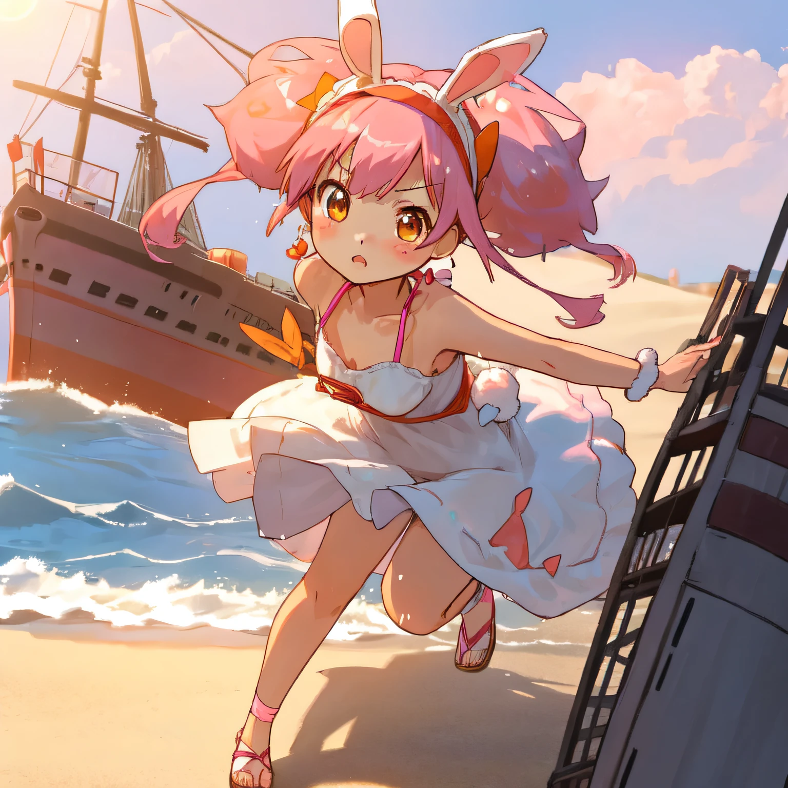 (Highly detailed CG Unity 8k wallpaper), (Best Quality), (Super Detail), (Best Illustration), (Best Shadow), POV, Realistic lighting and shading, Natural light, Lens flare effect,
BREAK, 1 beautiful girl, Solo,(Cute:1.5),(Chibi:0.8), (kawaii:1.5),(Lori:0.5),
((girl, Cute, Graceful, face)) ,(medium breasts),(Orange Eyes:1.2),(A pink-haired,short twintails,tareme:1.2), gleaming skin,Stuffed rabbit,
BREAK,(Rabbit ear headband:1.5),(Wet Casual Beachwear:1.2), (Lightweight Summer Dresses,Illustrated carrots:1.2), (a straw fedora hat:1.0), (flipflops:1.0), (Earrings in the shape of a moon:1.1), (Lace headband:1.0), (Cute Accessories:1.3), (Serious face:1.1), (Destroy a ship anchored with your right hand, Both legs are spread:1.3), (Beach background:1.3), (The goal is👿:1.1),
BREAK,🌇,