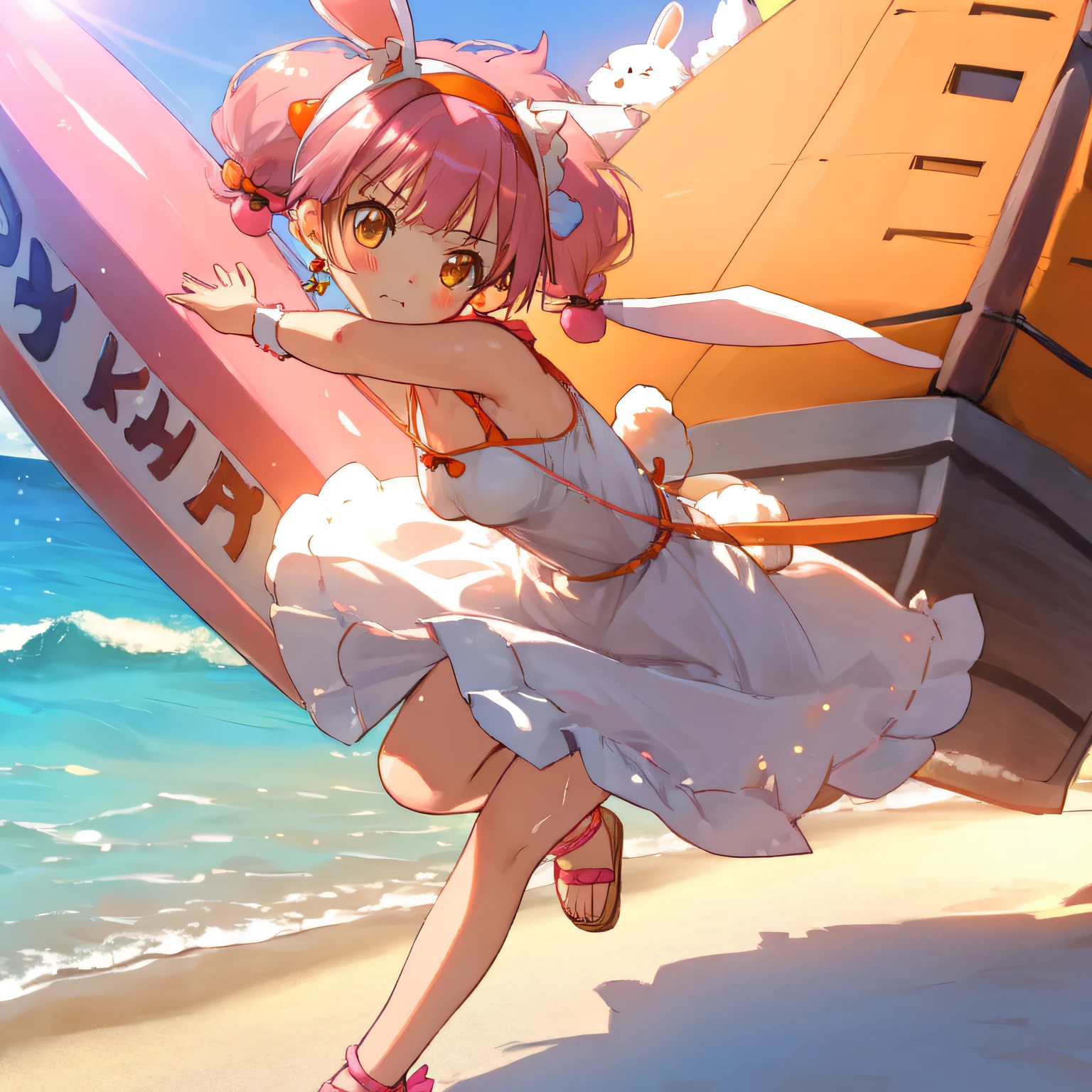 (Highly detailed CG Unity 8k wallpaper), (Best Quality), (Super Detail), (Best Illustration), (Best Shadow), POV, Realistic lighting and shading, Natural light, Lens flare effect,
BREAK, 1 beautiful girl, Solo,(Cute:1.5),(Chibi:0.8), (kawaii:1.5),(Lori:0.5),
((girl, Cute, Graceful, Loli face)) ,(medium breasts),(Orange Eyes:1.2),(A pink-haired,short twintails,tareme:1.2), gleaming skin,Stuffed rabbit,
BREAK,(Rabbit ear headband:1.5),(Wet Casual Beachwear:1.2), (Lightweight Summer Dresses,Illustrated carrots:1.2), (a straw fedora hat:1.0), (flipflops:1.0), (Earrings in the shape of a moon:1.1), (Lace headband:1.0), (Cute Accessories:1.3), (Serious face:1.1), (Destroy a ship anchored with your right hand, Both legs are spread:1.3), (Beach background:1.3), (The goal is👿:1.1),
BREAK,🌇,