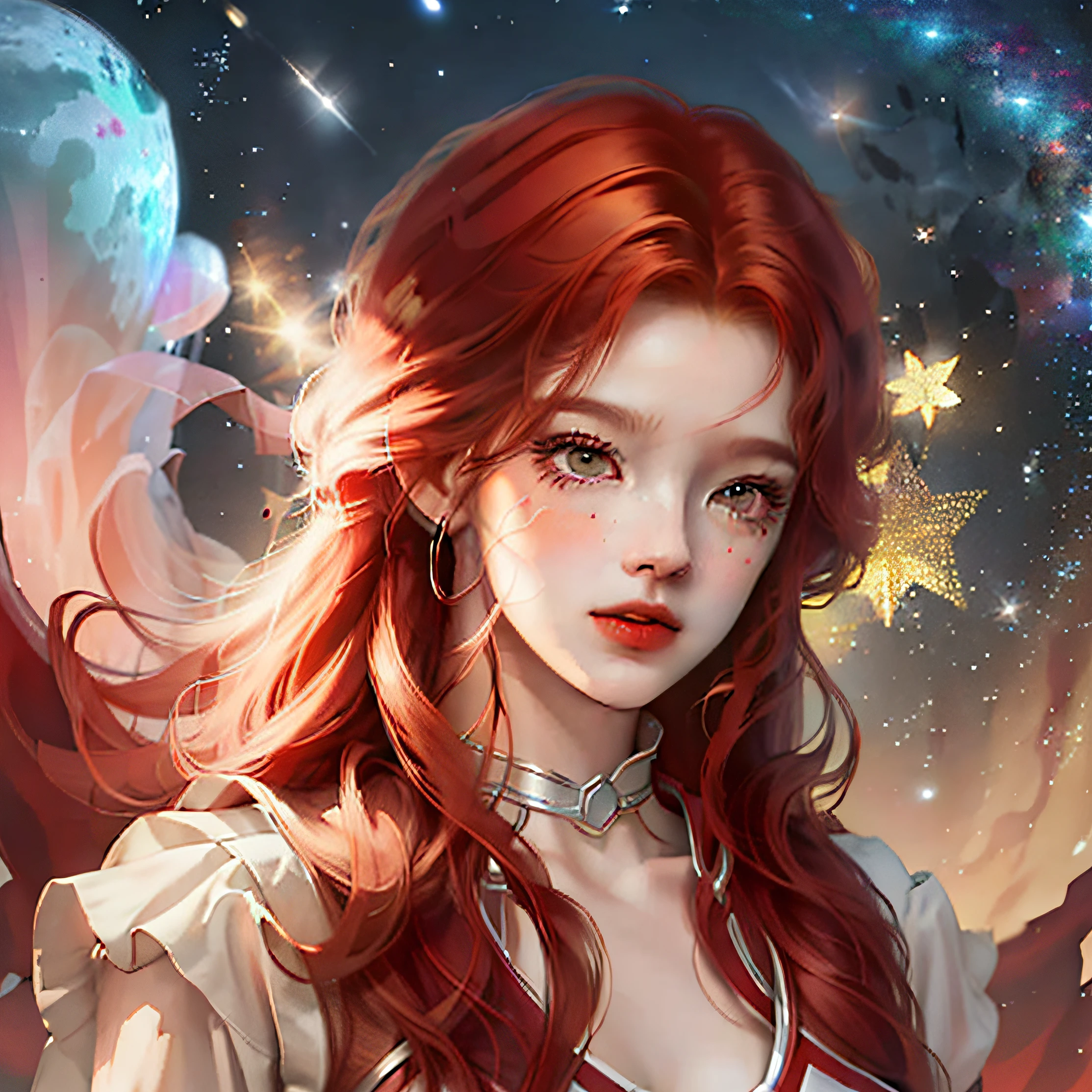 Red-haired girl，background starry sky，The stars twinkle