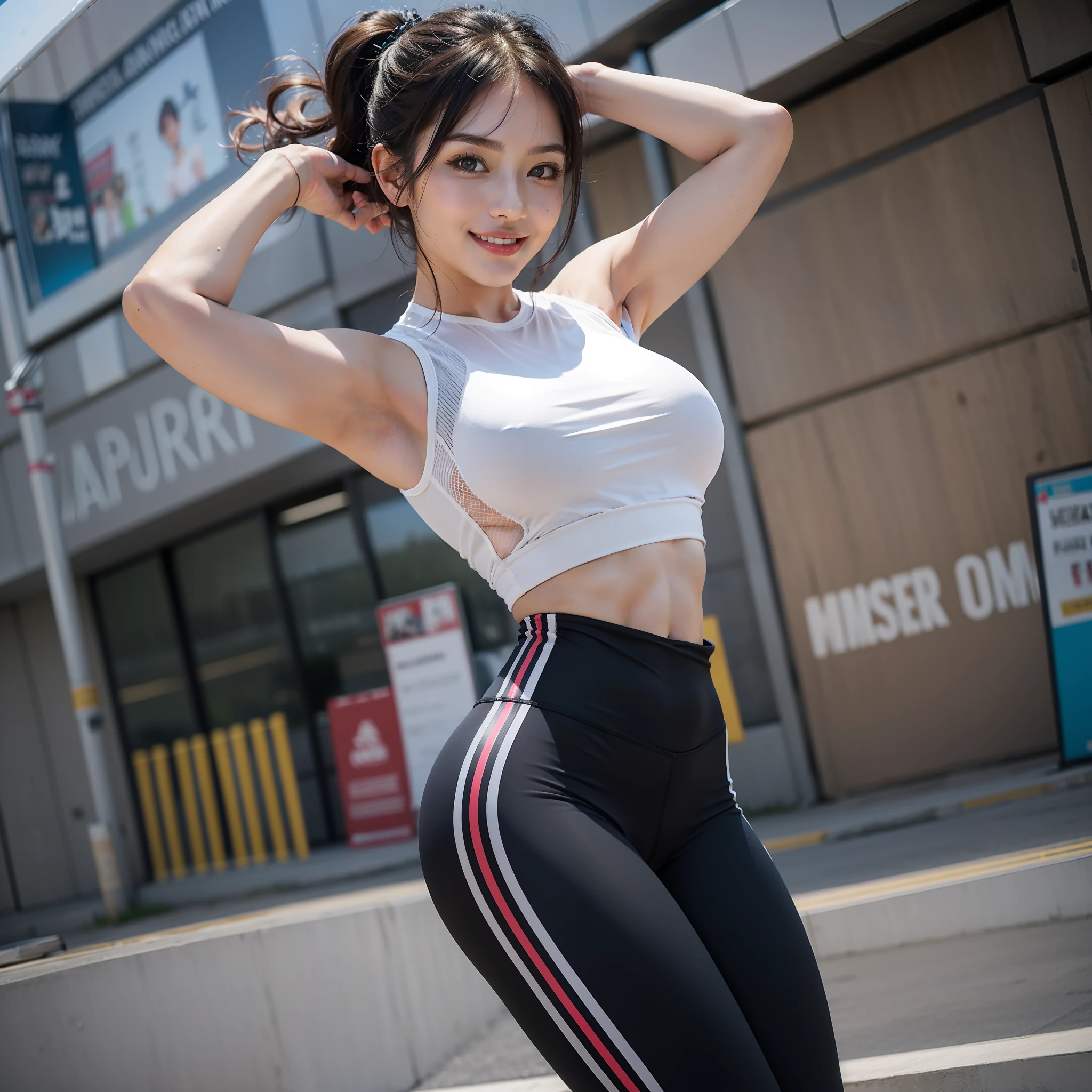 Top image quality、hight resolution、Beautiful One Woman in Perfect Style、affectionate smile、sports wear、trainingwear、fitness wear、Sports Leggings、big breasts thin waist、slim legs、A clear day、the wind