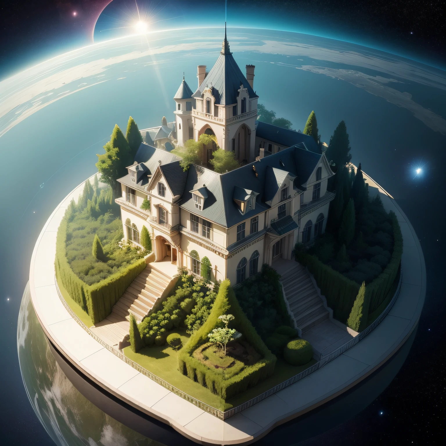 Small world with vegetation around you, a piece of water with a large house on top, in the immensity of space