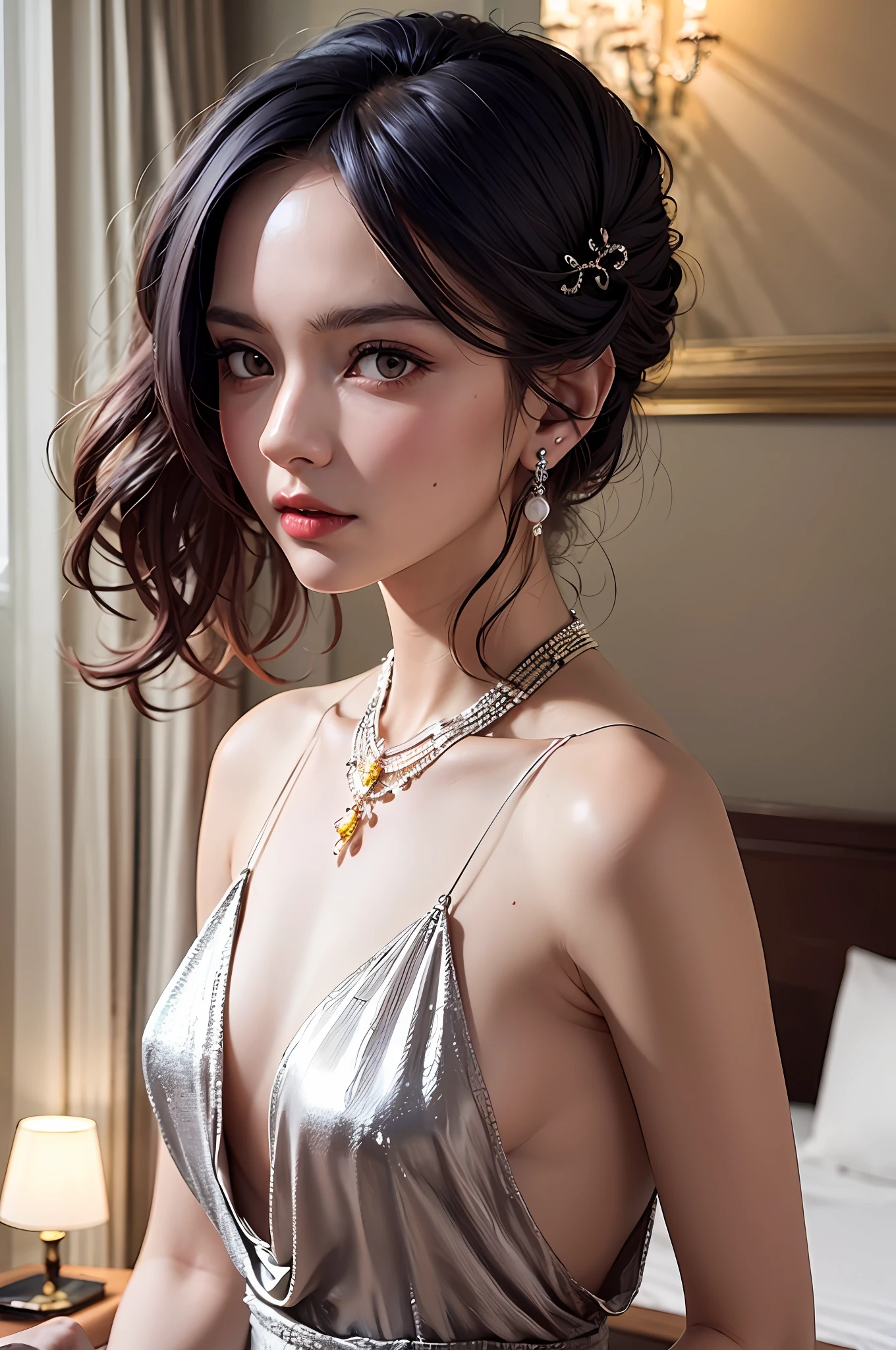 ((Masterpiece, Best Quality)), St. Louis \(Luxury Wheels) \(Azure Lane), High resolution, highest quality, illustration, cinematic light, super detailed, detailed face, (detailed eyes), best quality, ultra detailed, masterpiece, (detailed face), room, hair accessory, earrings, necklace, portrait, silver dress, revealing clothes, highest detail, glowing eyes, (hotel:1.2), sitting on bed, sitting, bed, window, night sky, backlight, light, (high contrast), (color), night
