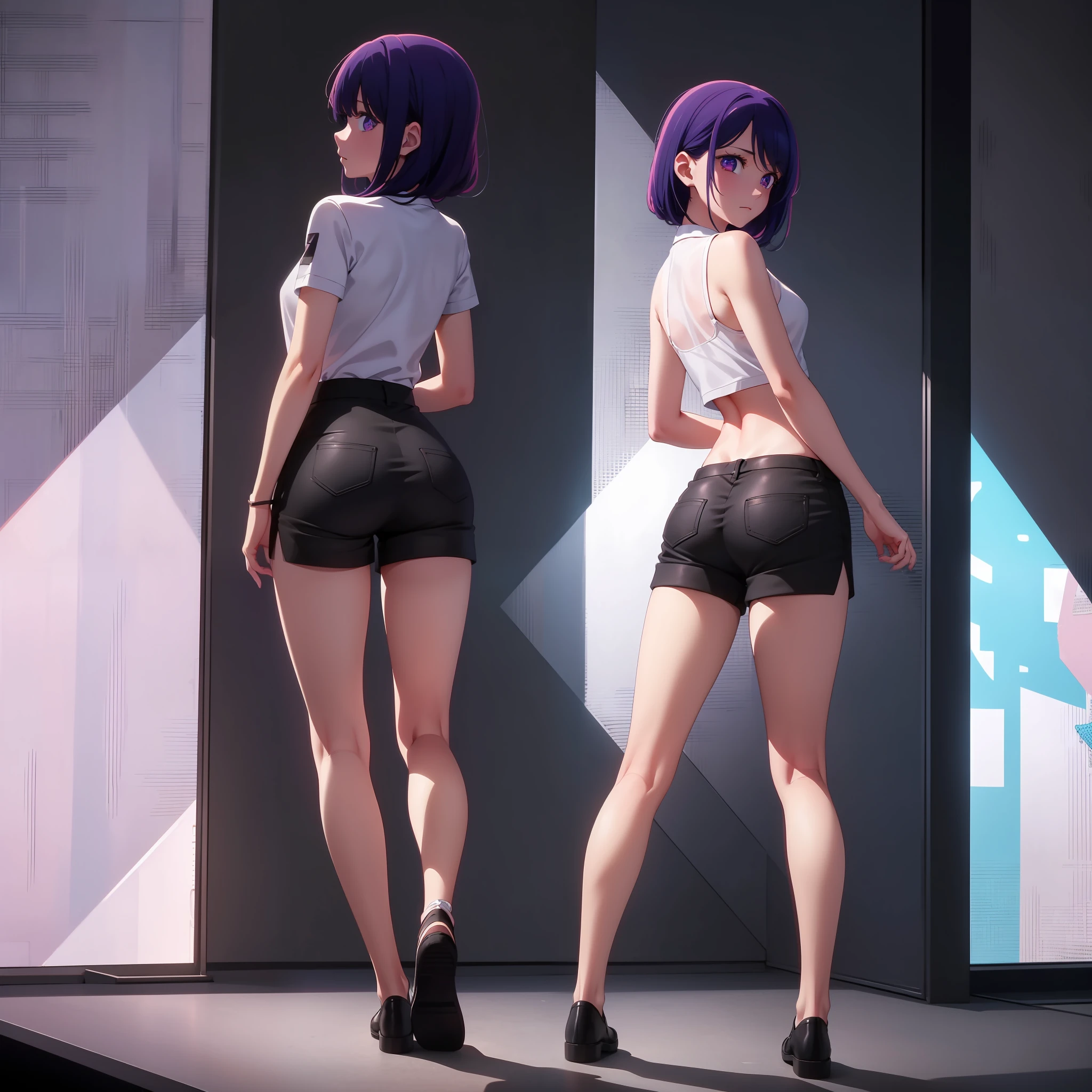 masterpiece, 8k, 1 girl, Looking at the audience, looking back, full body, perfect body, ( Photo distance : 0.4 )( expression details : 1.3 ), ( professional lighting), back, ass, bandaid, Black footwear, black shorts, form behind, Waist, shorts, medium chest, fine eyes, purple eyes, purple hair