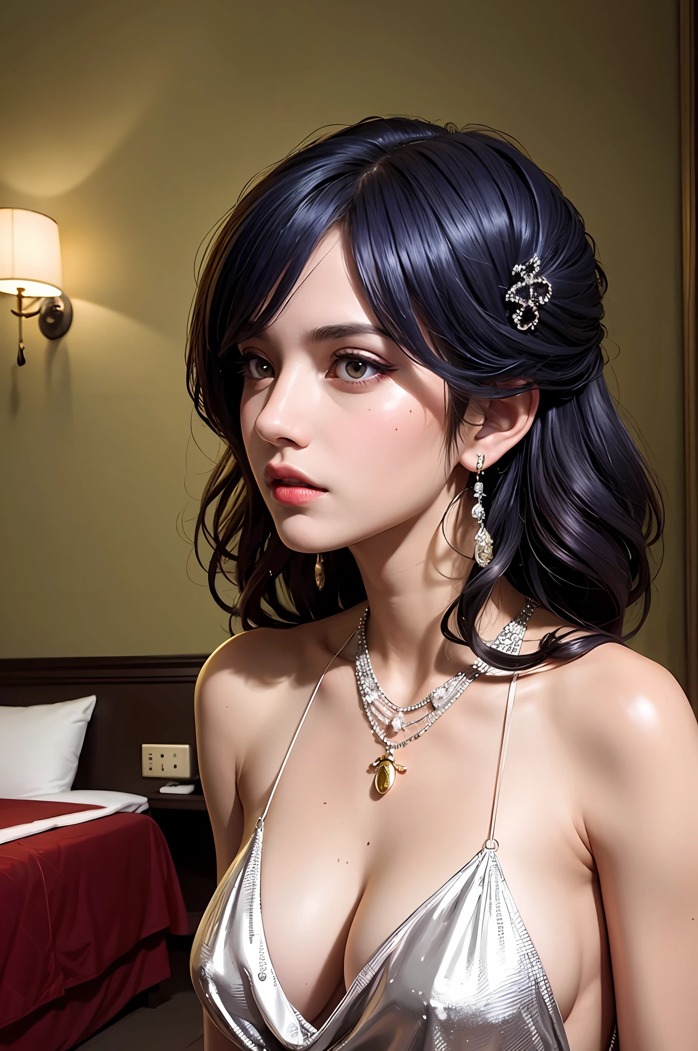 ((Masterpiece, Best Quality)), St. Louis \(Luxury Wheels) \(Azure Lane), High resolution, highest quality, illustration, cinematic light, super detailed, detailed face, (detailed eyes), best quality, ultra detailed, masterpiece, (detailed face), room, hair accessory, earrings, necklace, portrait, silver dress, revealing clothes, highest detail, glowing eyes, (hotel:1.2), sitting on bed, sitting, bed, window, night sky, backlight, light, (high contrast), (color), night