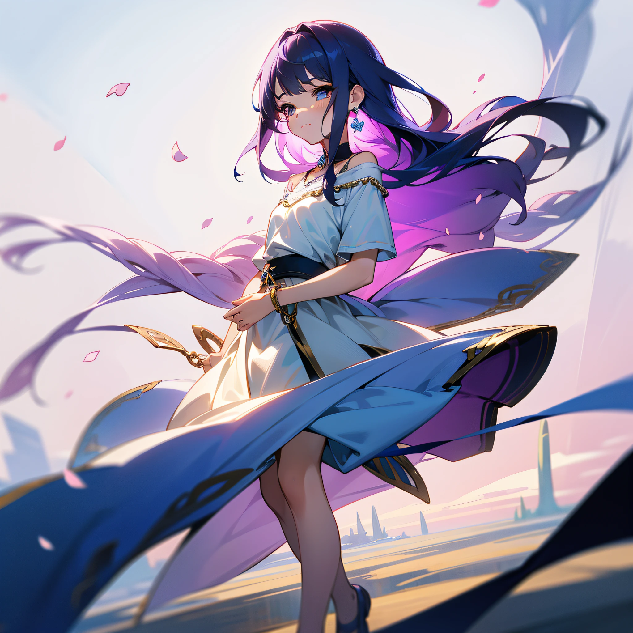 (Extreme Detail CG Unity 8K Wallpapers,tmasterpiece,Highest image quality),(Delicate light and shadow,The picture is highly dramatic,Cinematic lens effect),The familiar tsundere childhood sweetheart next door、Stand in the center of the picture、She has a beautiful and delicate face,Good looks,Delicate facial features。Big eyes of the water spirit、long eyebrow、Long colored hair、with fair and smooth skin、Healthy, youthful tone、Sweet smiling、Wear a comfortable shirt、Knitwear or T-shirts,Wear yours with a short or long skirt、Clothing colors favor soft and warm colors,For example, Light pink、pale-blue、Beige, etc,Wear small, delicate accessories,For example, Thin chain necklace、Small earrings or simple bracelets,Wear comfortable and stylish shoes,Love flats、Small white shoes、Chips dropped by petals、a sense of atmosphere、中景 the scene is、full bodyesbian