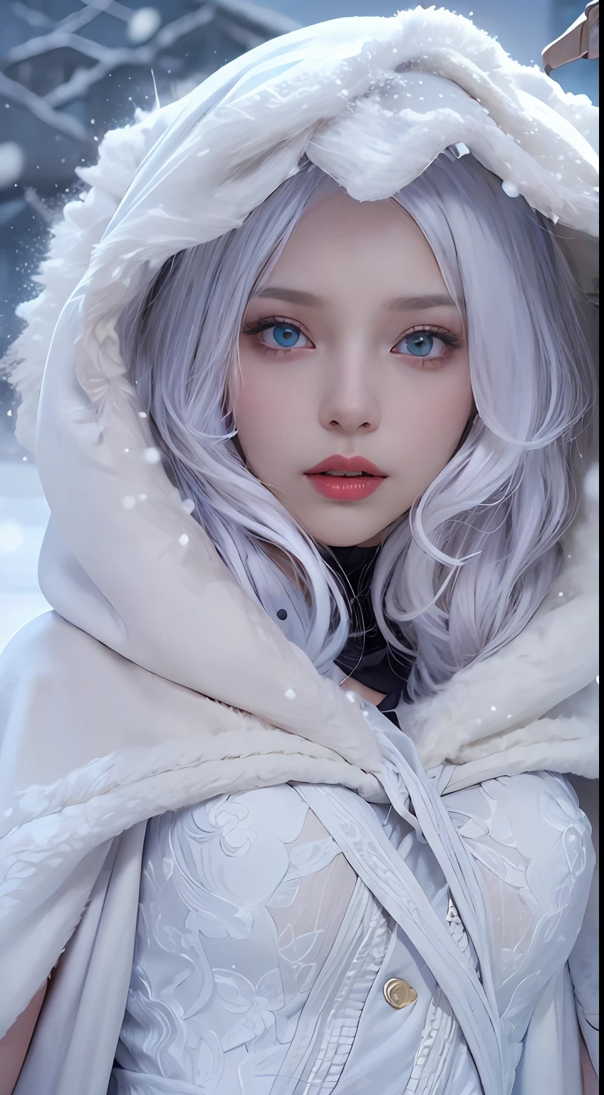 (8K, RAW photo, Photorealistic:1.4), high resolution, 1 Women, Solo, Hips up,(Lolita costume), Beautiful eyes, White hair, ringed eyes, (sitted,Cloak,Heavy snow),snowfield,(full bodyesbian:1.5)