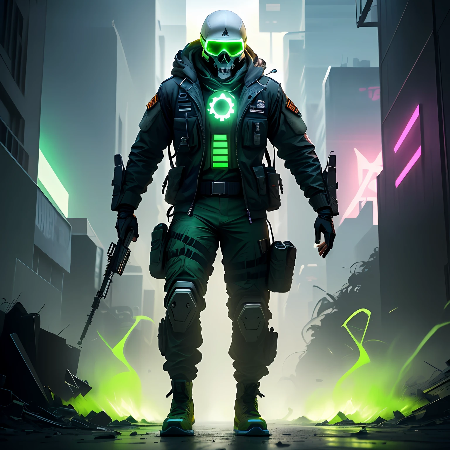 Full body Ghost from Call Of Duty Soldier with skull face mask, fabric, security glasses, cammo suit, with green lightning waves, glowing greem cgi, in cyberpunk style with a gamer outfit in a green city