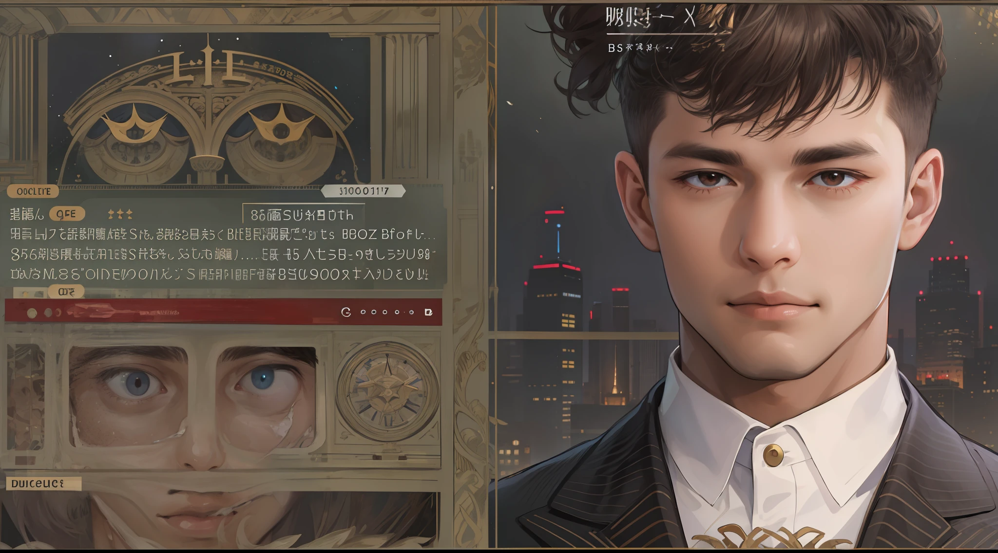 delicated face，CG perfeita，high-definition quality，tmasterpiece，Best quality，Realistis， （absurderes， A high resolution， ultra - detailed）， 1 man， 独奏， mature， Tall muscular man， Wide shoulders， handsome， Very short hair， brunette color hair， Moisturize， with brown eye， Angular chin， Thick neck， Thick eyebrows， natta， darkly， the night view of the city background， formal suits， tiese， The upper part of the body