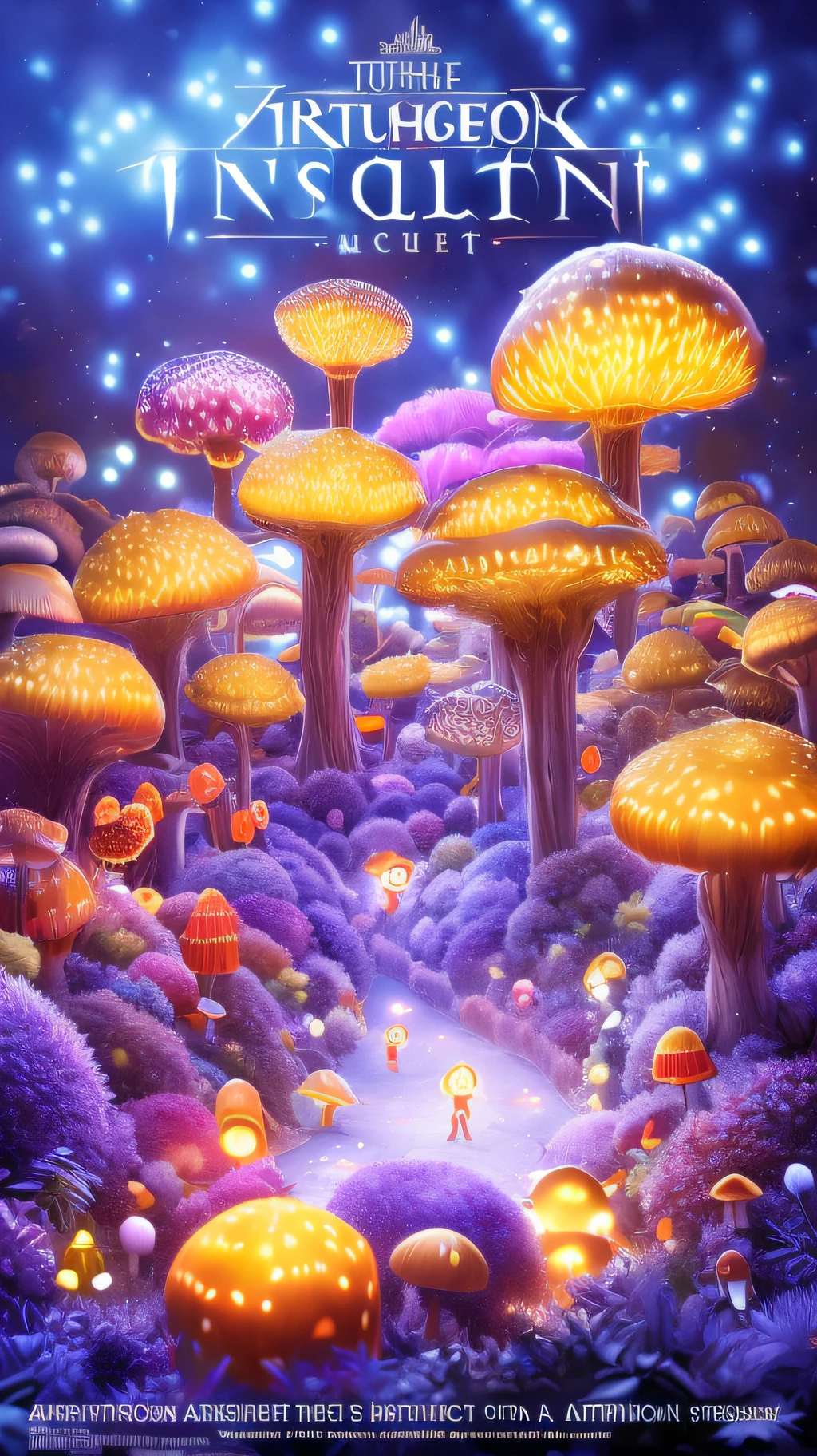 An underground labyrinth illuminated by a cinematic glow, inhabited by fireflies and crawling ants. Vibrant and detailed mushrooms grow in colorful clusters, creating a mesmerizing scene that could pass as the cover of a 4K game poster.