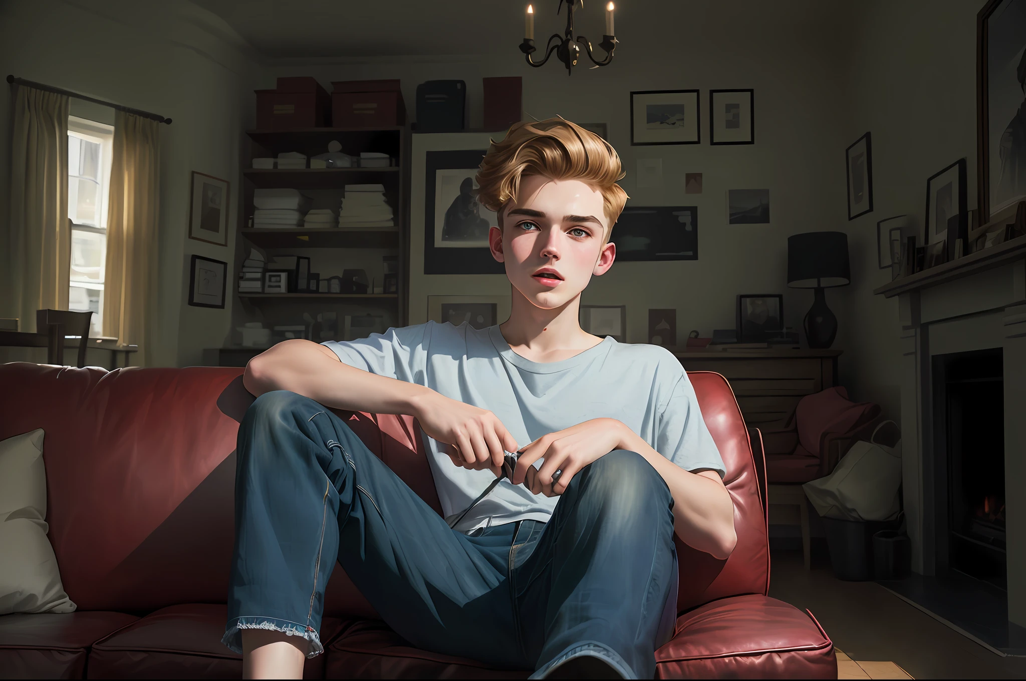 The Araffed man sat on the red sofa in the living room, Alex Heywood, joel fletcher, mid shot portrait, Max Dennison, miles johnstone, declan mckenna, high quality portrait, Bradley Wright, portrait of archie andrews, elliot alderson, Patrick O'Keeffe, liam brazier, Lewis Jones, matthew benedict, A high resolution, max prentis