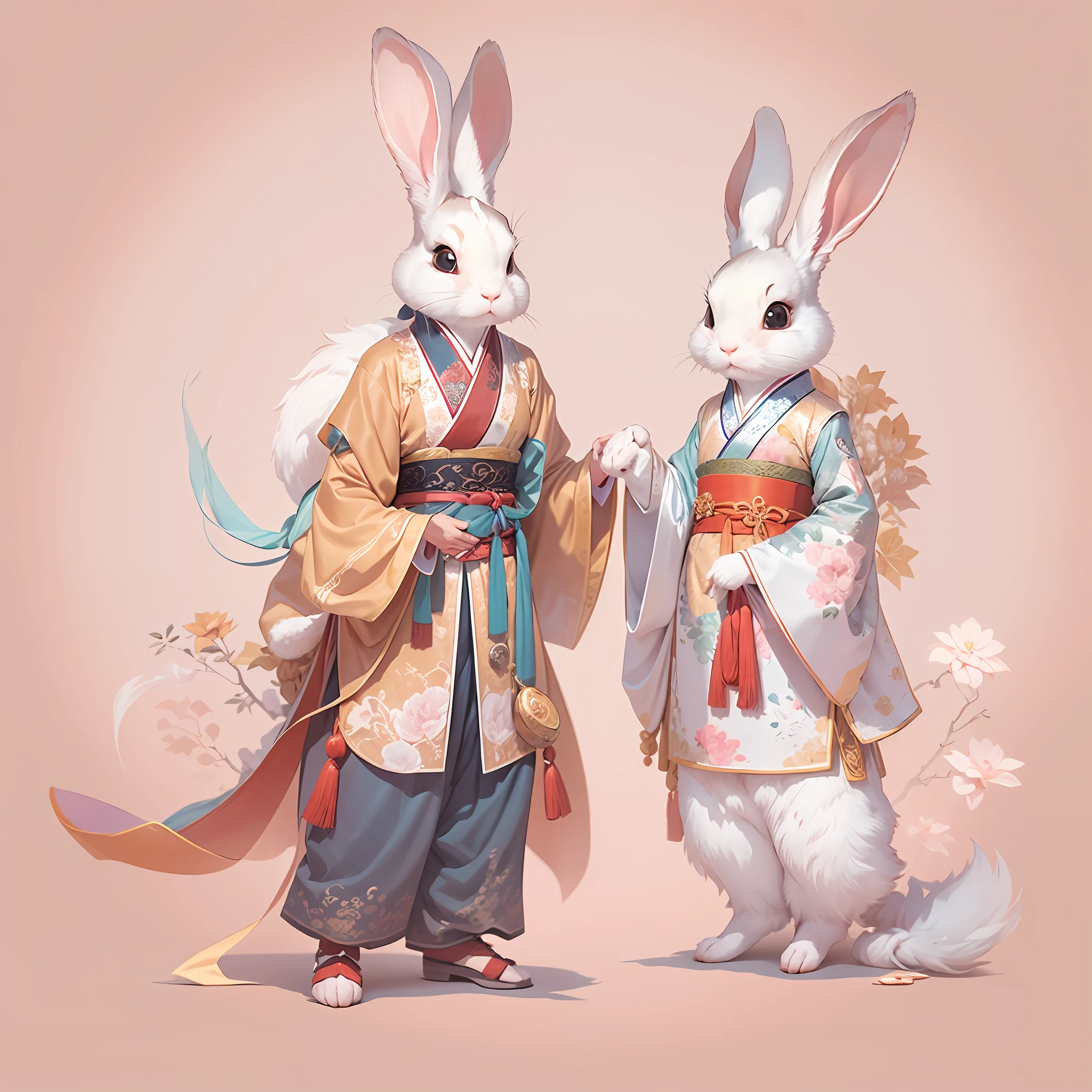 (anthropomorphism:1.4),(Full Body Shot), (China - Chic Male and female rabbits,hanfu,standing on your feet,Oriental elements),(China - chic illustration:1.5, Vector painting:1.5),(Chinese colors, senior color matching,Gradient background,White background),(Very detailed, reasonable design, Clear lines, High sharpness,best quality, masterpiece, official art, movie lighting effects, 4K )