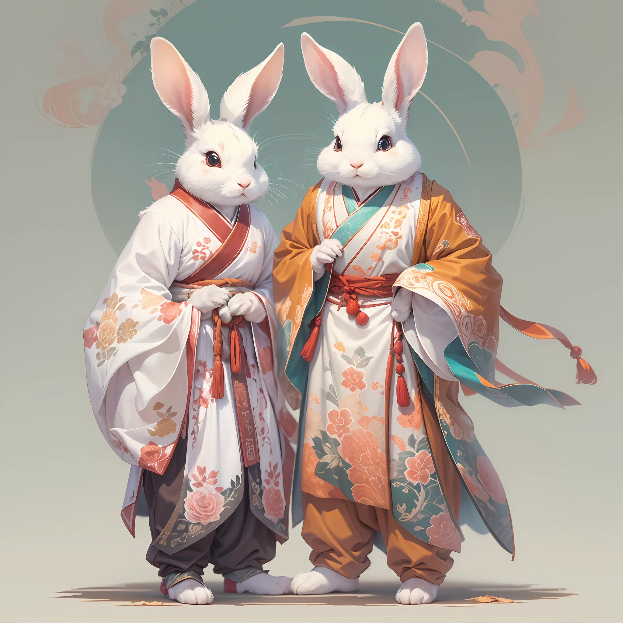 (anthropomorphism:1.4),(Full Body Shot), (China - Chic Male and female rabbits,hanfu,standing on your feet,Oriental elements),(China - chic illustration:1.5, Vector painting:1.5),(Chinese colors, senior color matching,Gradient background,White background),(Very detailed, reasonable design, Clear lines, High sharpness,best quality, masterpiece, official art, movie lighting effects, 4K )