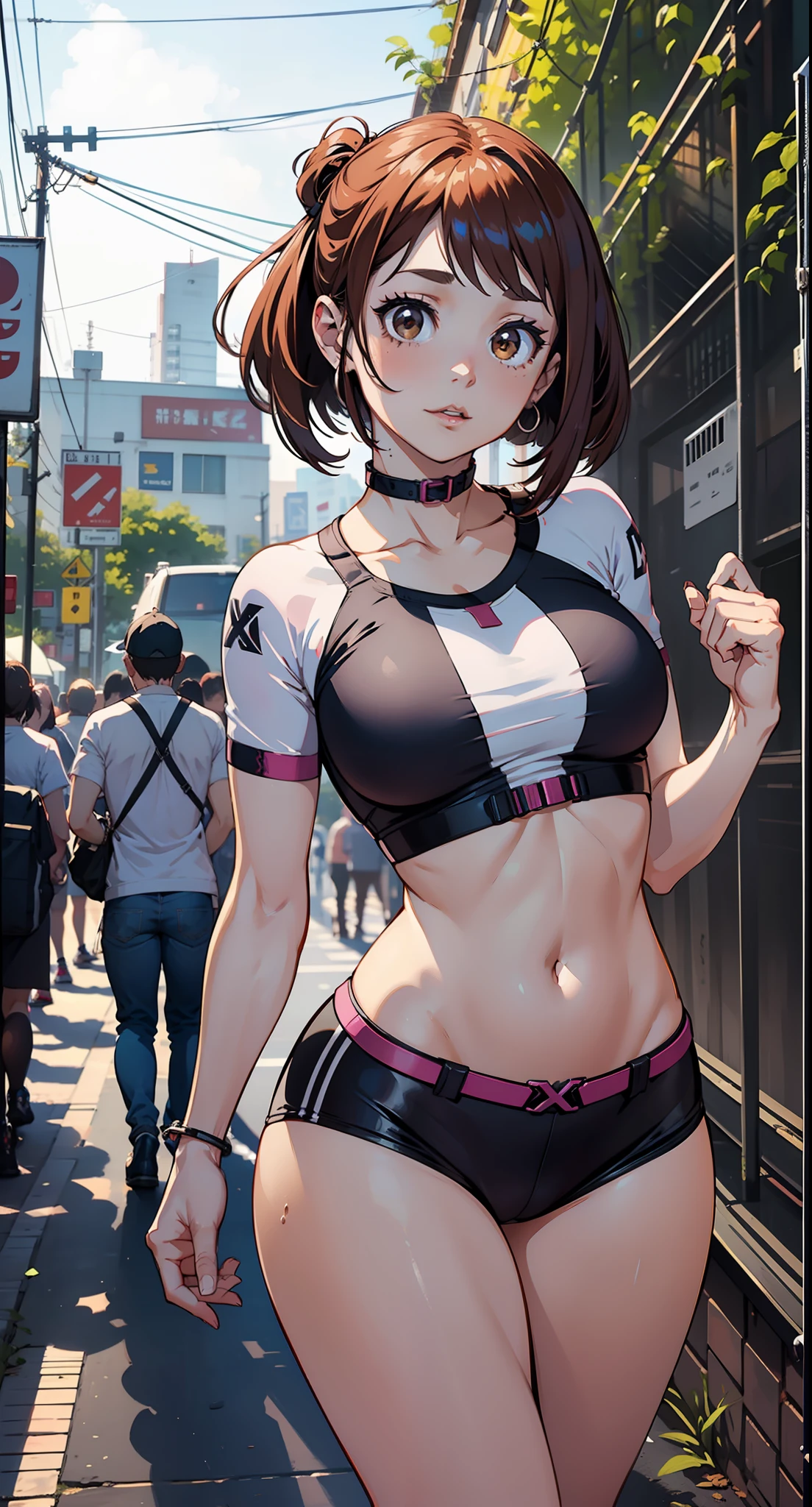 Ochaco Uraraka, com short da marca badboy, bunda grande, marca badboy na bunda, pernas grossas, blusa curta da marca bad boy, corpo inteiro, muito realista, extremamente Realista, extremamente sexy, 8k, 8k extremamente detalhado), (um extremamente delicado e bonito), (obra-prima), (melhor qualidade: 1.0), (ultra highres:1.0)