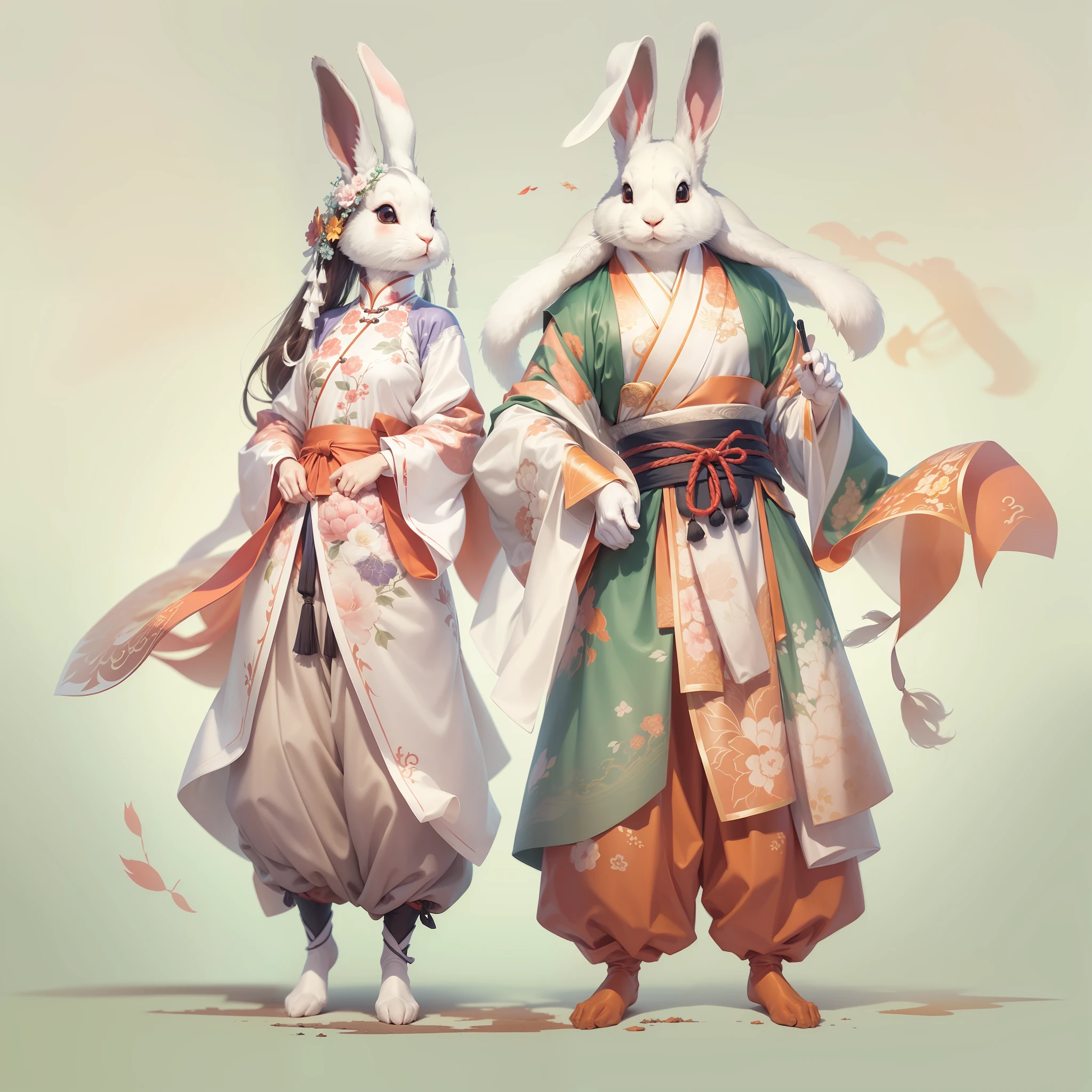 (anthropomorphism:1.4),(Full Body Shot), (China - Chic Male and female rabbits,hanfu,standing on your feet,Oriental elements),(China - chic illustration:1.5, Vector painting:1.5),(Chinese colors, senior color matching,Gradient background,White background),(Very detailed, reasonable design, Clear lines, High sharpness,best quality, masterpiece, official art, movie lighting effects, 4K )