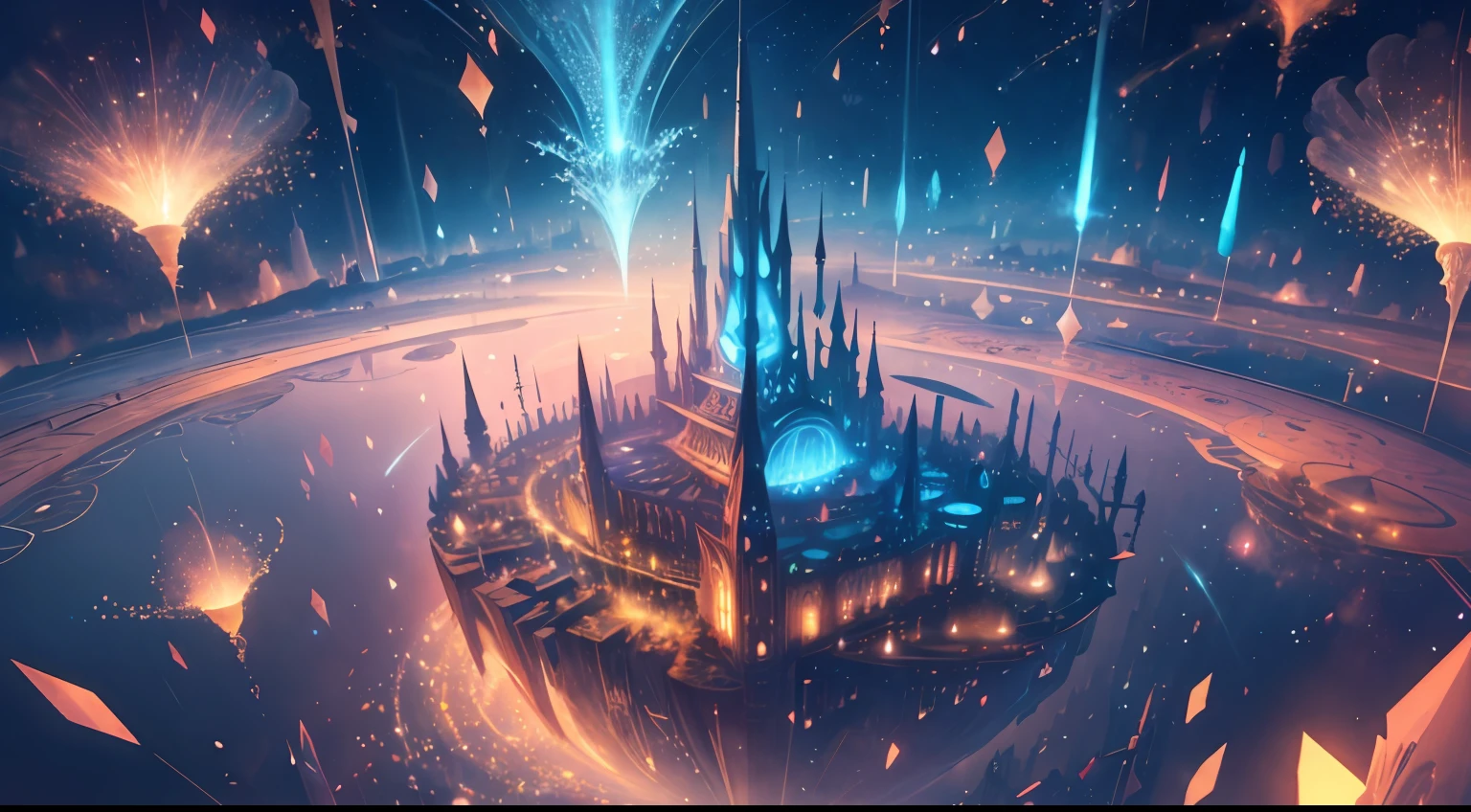 Cidade da Fantasia, Brilliant, Extremely beautiful CG illustration, Best picture quality, Magical light and shadow effects, Floating feeling, high saturated, Multi-colored architecture, Mirror-like reflection, rich details, Fantastic night view, Enchanting starry sky, Mellow Atmosphere, Wonderland environment, Empty inspiration, Gorgeous fireworks bloom