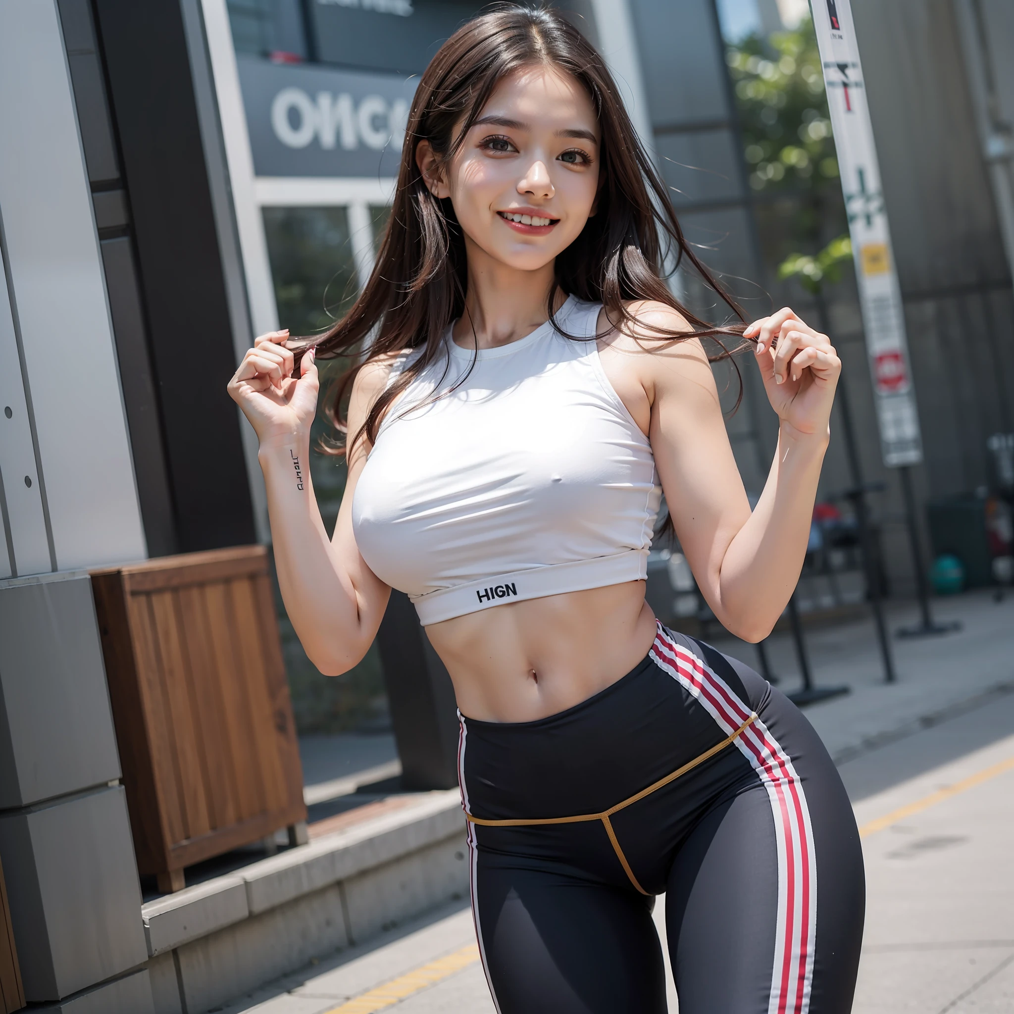 Top image quality、hight resolution、Beautiful One Woman in Perfect Style、affectionate smile、sports wear、trainingwear、fitness wear、Sports Leggings、big breasts thin waist、slim legs、A clear day、the wind