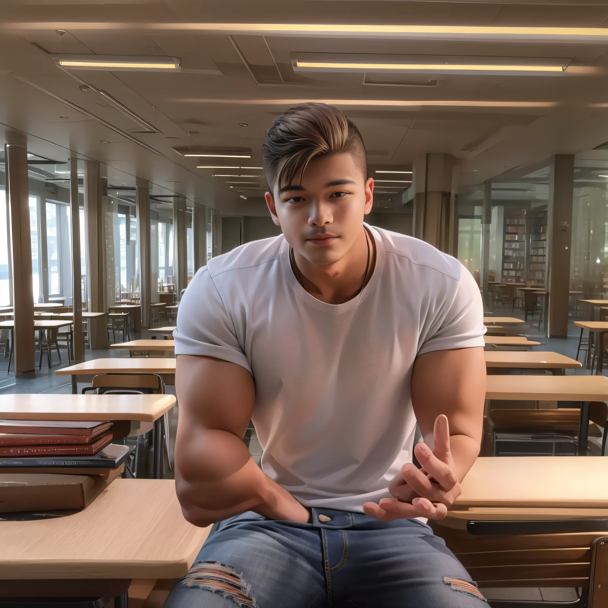 (8K,RAW photos,best qualtiy,tmasterpiece:1.2),(realisticlying,photograph realistic:1.37),(Long shots:1.5),A male classmate dresses in the library with his hands folded and his face flattering(White T-shirt and jeans),