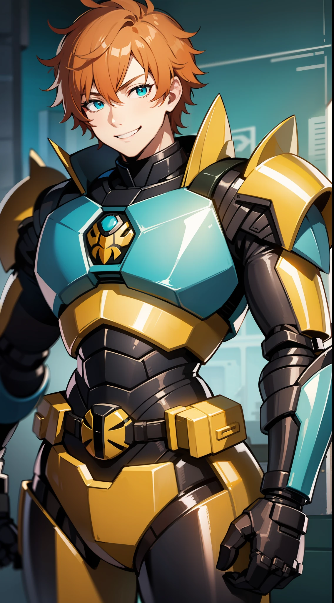 Young guy, short orange hair, Cyan eyes, Autobot armor, Bumblebee, Smile, Masterpiece, hiquality