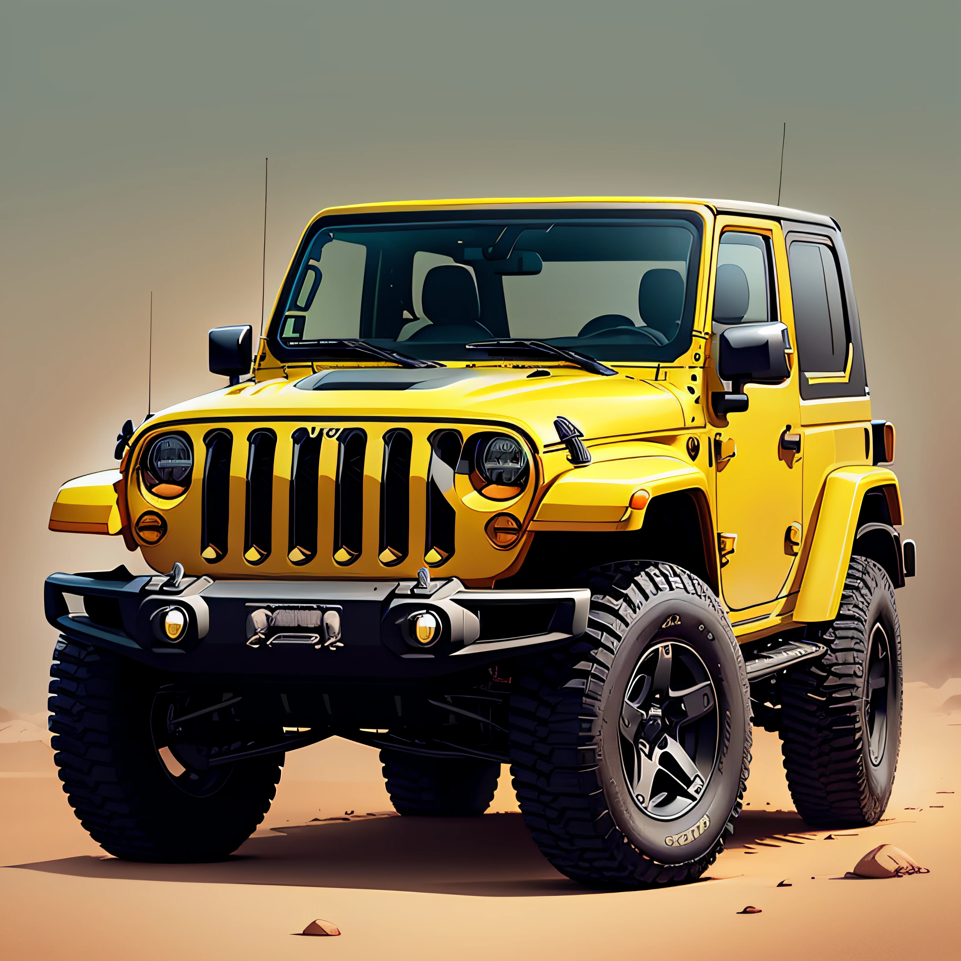 There is a yellow jeep with a black top and a black roof, Mahindra Thal, digital painted, jeep, jeep wrangler, Vehicle illustration Full color digital illustration, jeep in background, full-colour illustration, digitally colored,Color illustration, drawn with photoshop, matte digital illustration, vehicle photography, Three-quarters side view，