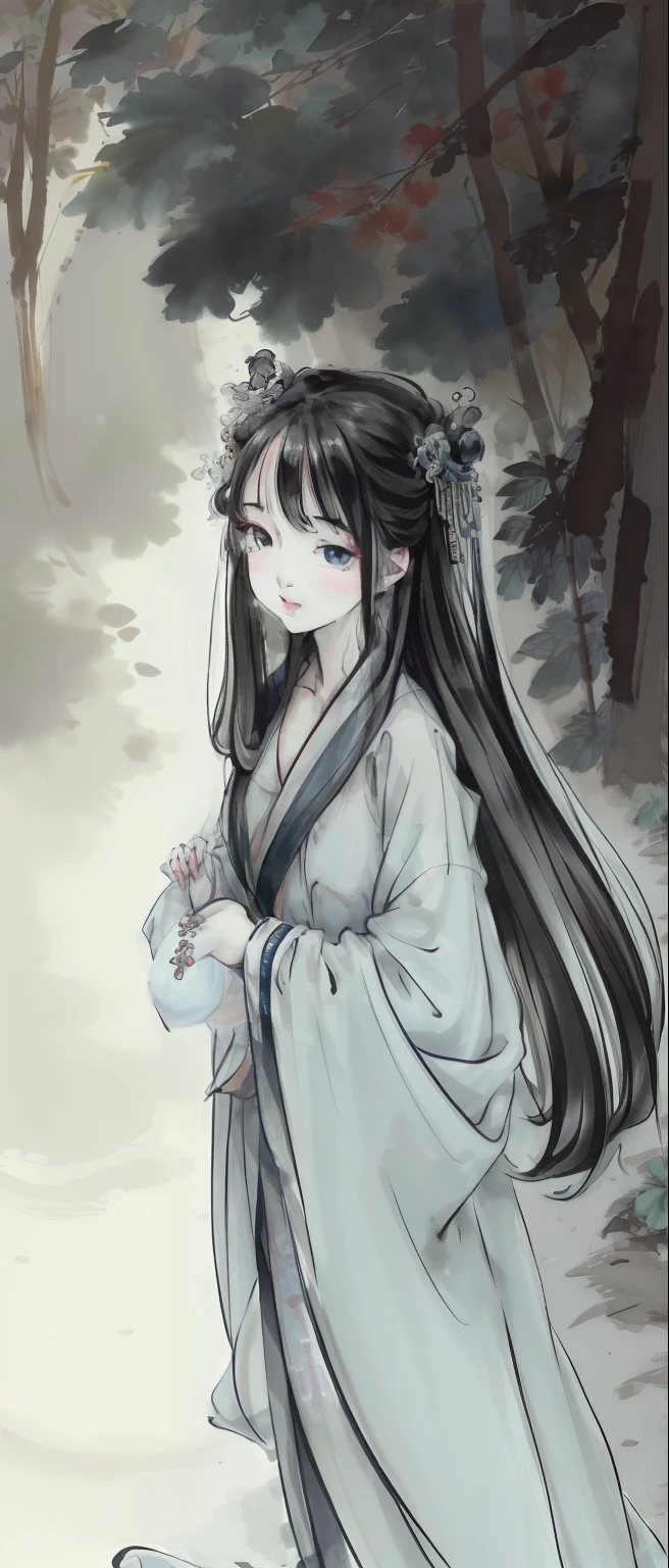 ((4k, tmasterpiece, Best Picture Quality)), Ink wind, Traditional chinese painting, lotuses, Hanfu, Long shirt dress, Dress conservatively, Single female, Independent, blue long hair, ssmile, standing on your feet, Treading in the water, The barefoot.