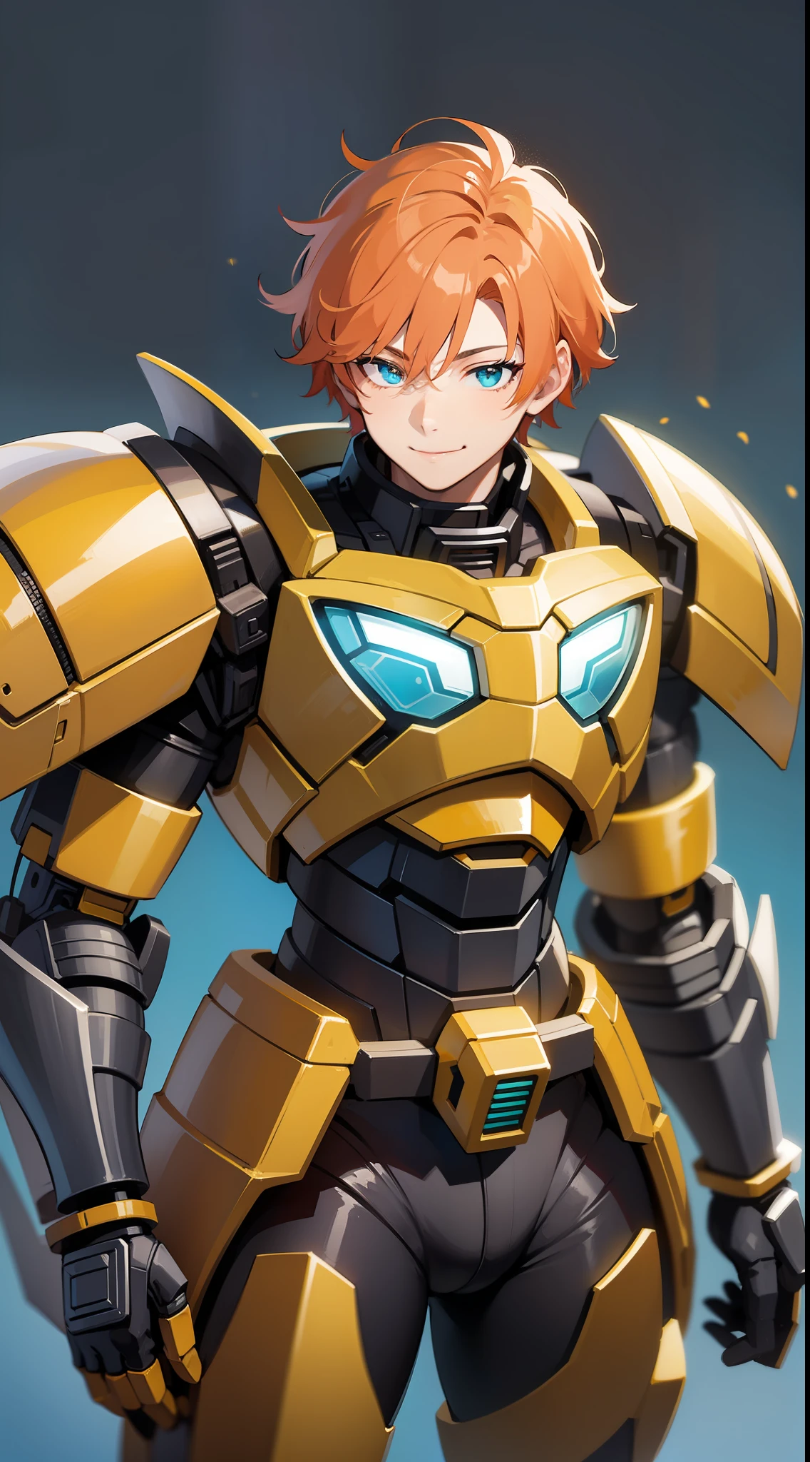Young guy, short orange hair, Cyan eyes, Autobot armor, Bumblebee, Smile, Masterpiece, hiquality