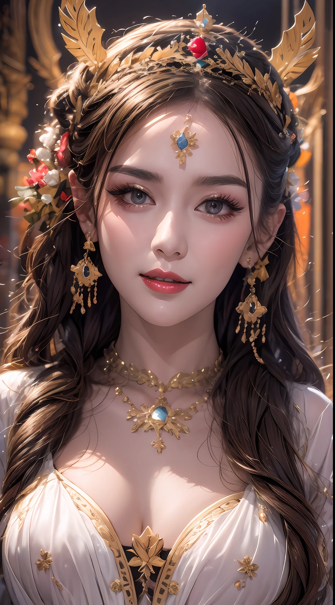 Portrait of a 27-year-old saint,Charming adult saint in a long dress made of thin silk, beautiful saint with an old face, adult, wearing a thin multicolored silk dress, beautiful face without blemishes, (((Natural smile:1.3))), ((flat bangs:0.5)), (((platinum long hair:0.5))), big crown, hair brooch, hanfu dress, chinese ancient style, full body jewelry, forehead tattoo, super even chest, face, innocent face, The most beautiful and detailed light red lipstick, ((Thin plump lips:0.3)), ((Golden Eyes color:0.6)), Detailed and delicate lighting effects, light and dark, dramatic lighting, magical light, extremely detailed light, true color, super sharp, realistic, 8k quality, fantasy universe background, saints and magical space, the most detailed images, ((Solo:0.3)), ((a saintess:0.6)), ((looking directly at the saint's upper body:0.4)), ((smooth skin:0.5)), ((the holy woman's veil:0.6)), ((solo:0.5)), ((alone girl:0.4)),