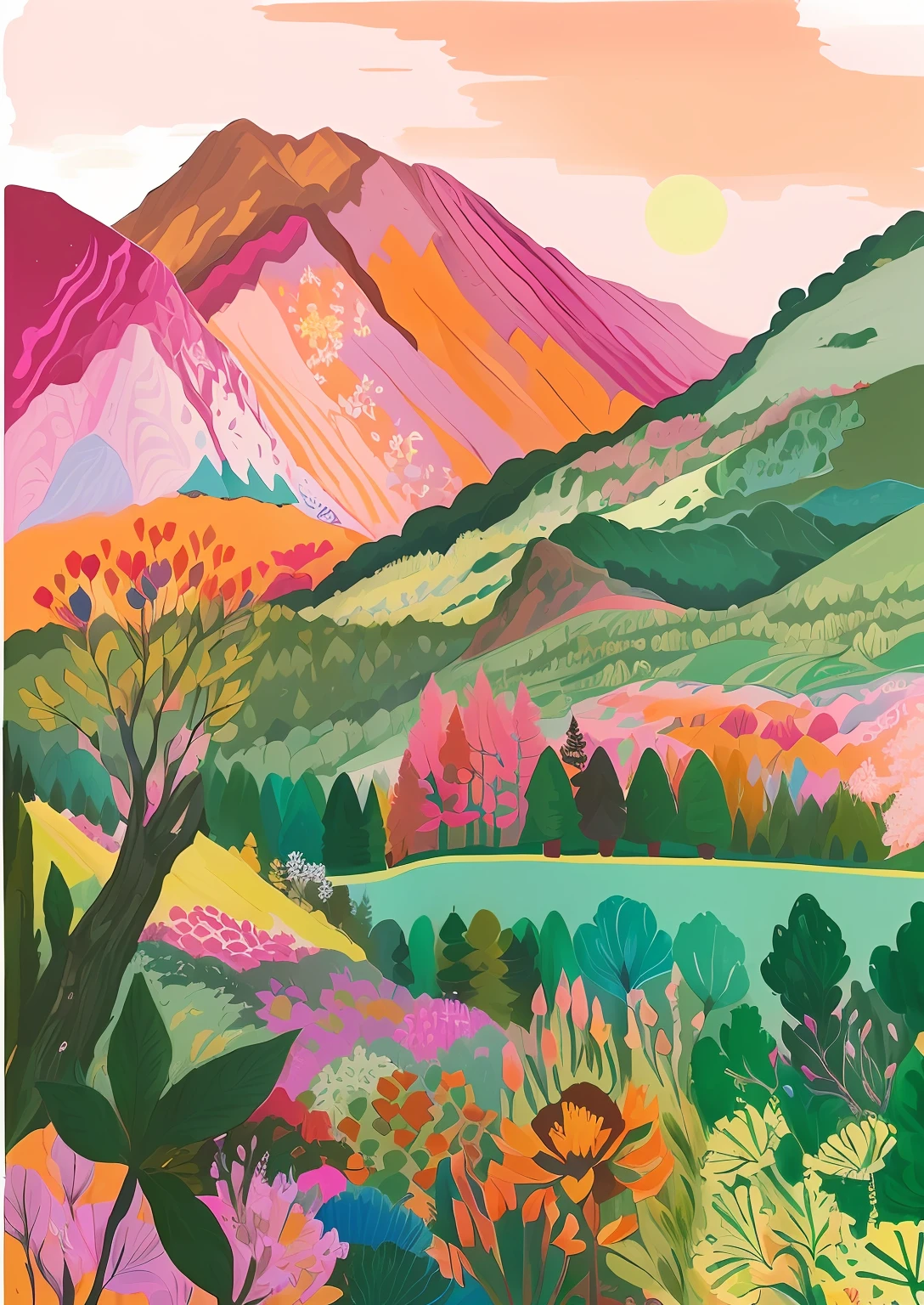 A painting of a mountain,There are valleys and trees in the foreground, Jane Nuland, Inspired by Gustav Bowman, inspired by John Wonnacott, author:Emily Murray Paterson, vibrant gouache painting scenery, author:Christabel Dennison, colorful landscape painting, Colorful illustration, inspired by Mary Blair, mythical floral hills, inspired by Dora Carrington, psychedelic landscape, jen bartel