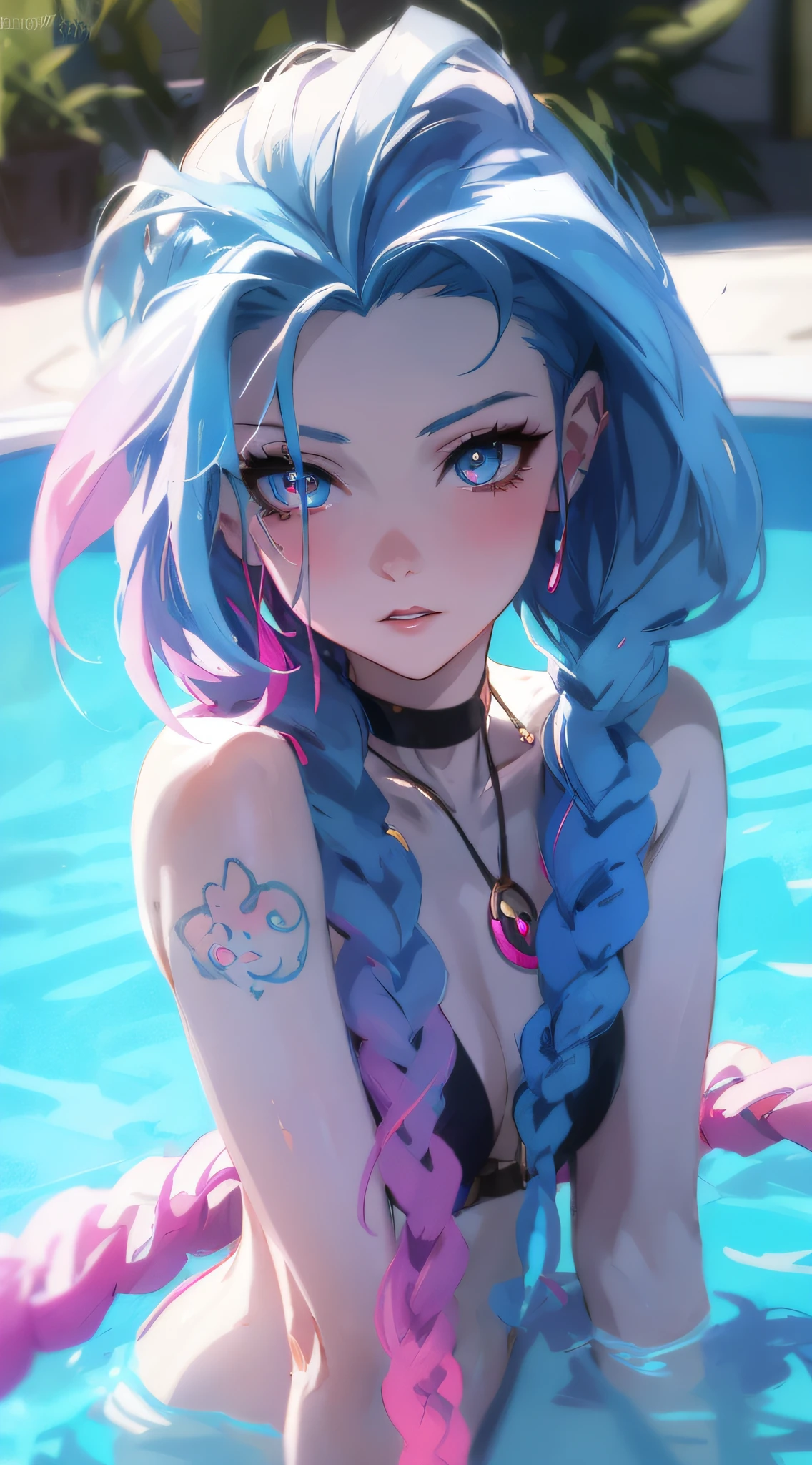 Anime girl with blue hair sitting in pool,Wearing a pink ring, Guviz-style artwork, style of anime4 K, pink twintail hair and cyan eyes, beautiful blue-haired girl, Anime style. 8K, jinx from league of legends, Stylized anime, rossdraws pastel vibrant, Deviantart ArtStation CGSCOSIETY, anime styled 3d