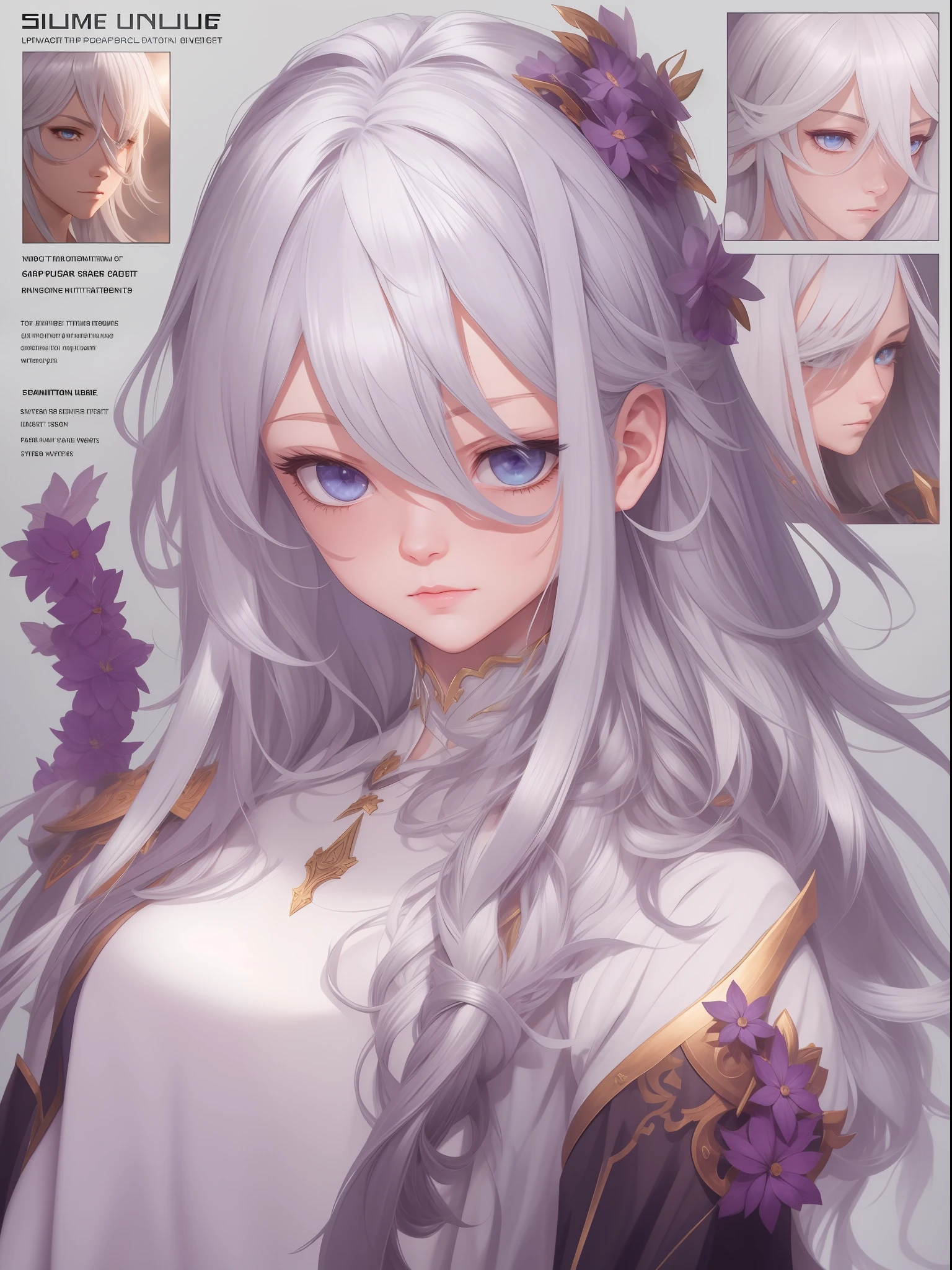 game ui, portrait, god, mythical, silver hair, hair flower, empty eyes, anime, Action painting, drop shadow, cinematic lighting, collage, character chart, reference sheet, anatomically correct, masterpiece, super detail, high quality, award winning, best quality, highres, 8k