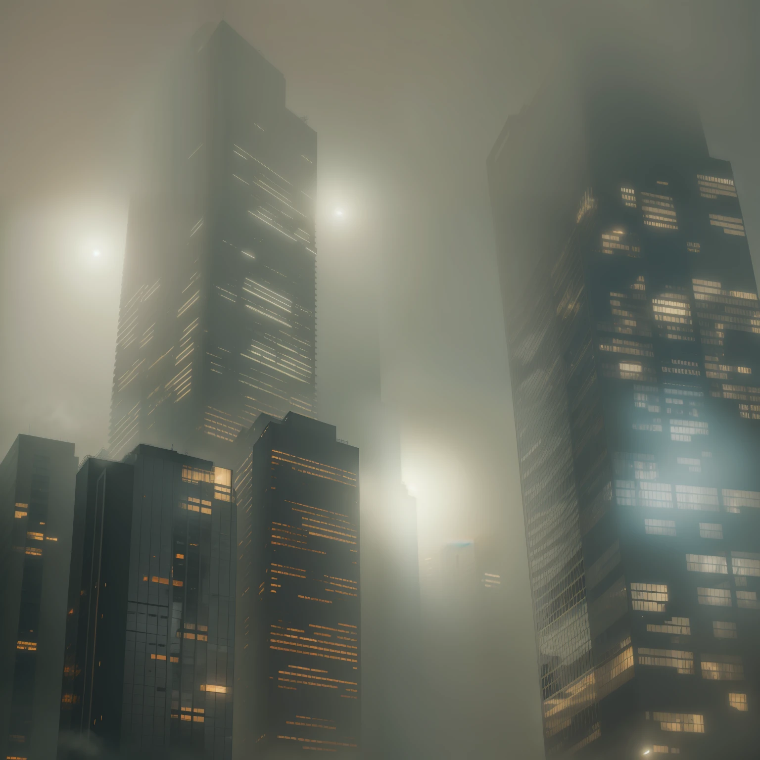 Tall buildings in fog，Hazy and shining with light