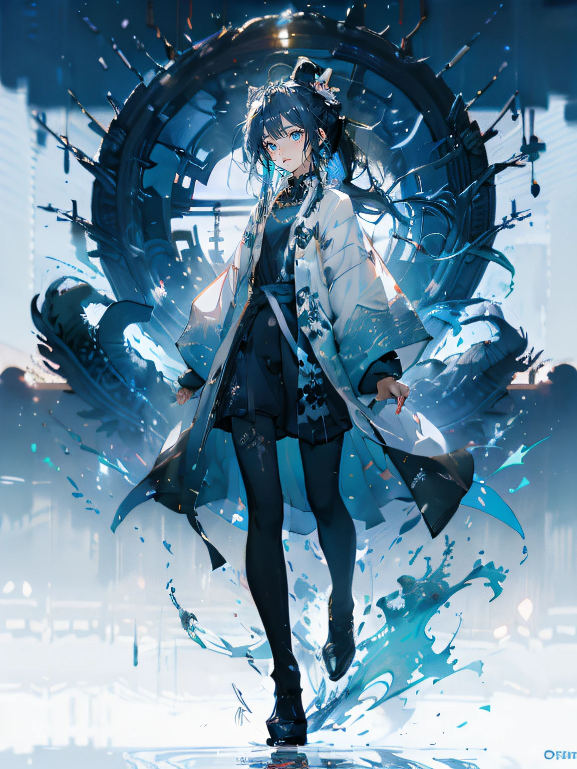 Blue-haired side ponytail,Design clothing,Seven-doppelganger shot,Anime style 4K,Anime girl with teal hair,High quality anime art style,Standing painting,Splash ink background,Blue Themes。