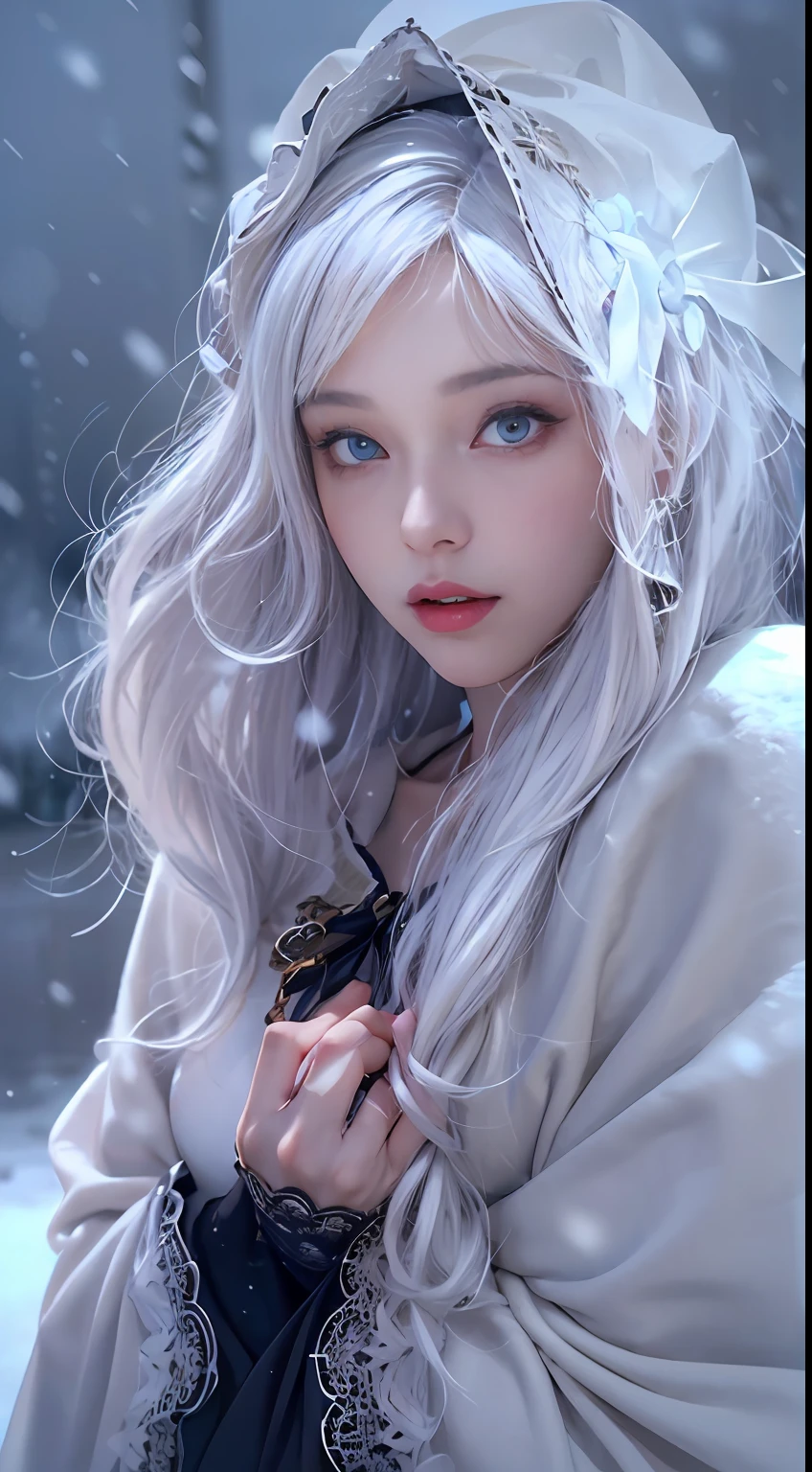 (8K, RAW photo, Photorealistic:1.4), high resolution, 1 Women, Solo, Hips up,(ta costume), Beautiful eyes, White hair, ringed eyes, (sitted,Cloak,Heavy snow),snowfield,(full bodyesbian:1.5)