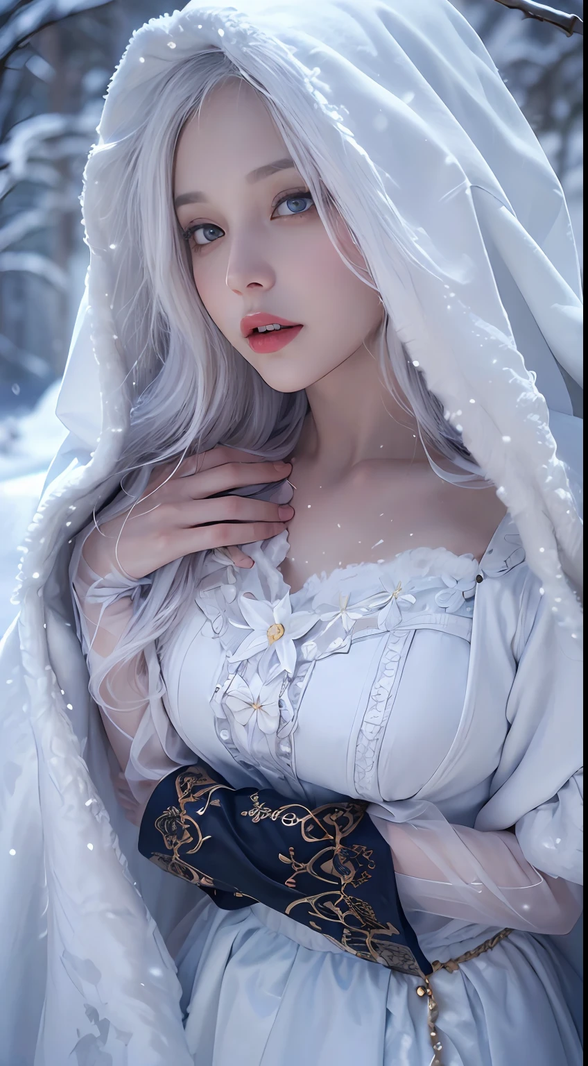 (8K, RAW photo, Photorealistic:1.4)， high resolution, 1 Women, Solo, Hips up,(Lolita costume)，Wear a flowing skirt， Beautiful eyes, White hair, ringed eyes, (sitted，Cloak，Heavy snow)，snowfield，(full bodyesbian:1.5)