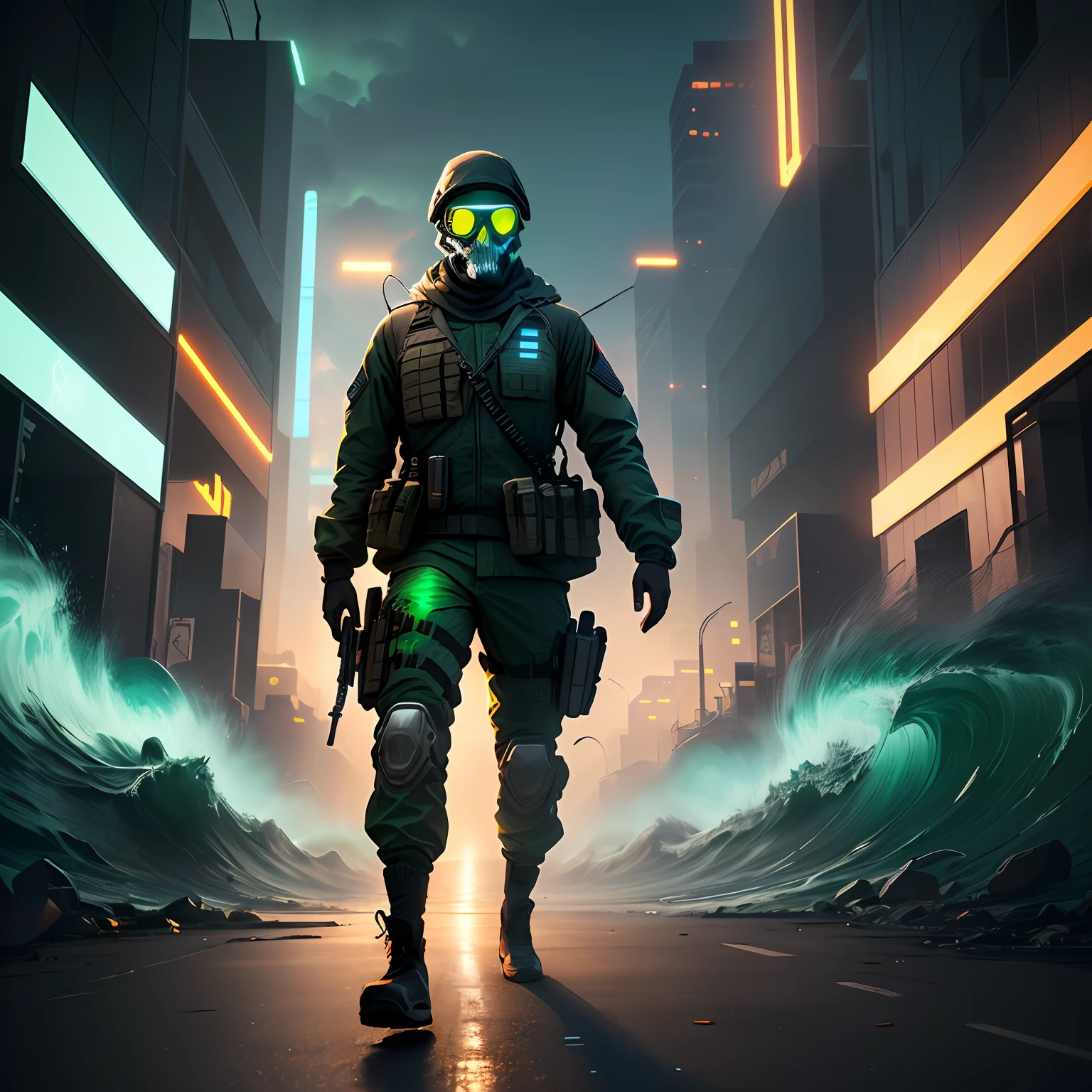 Full body Ghost from Call Of Duty Soldier with skull face mask, fabric, security glasses, cammo suit, with green lightning waves, glowing greem cgi, in cyberpunk style with a gamer outfit in a green city