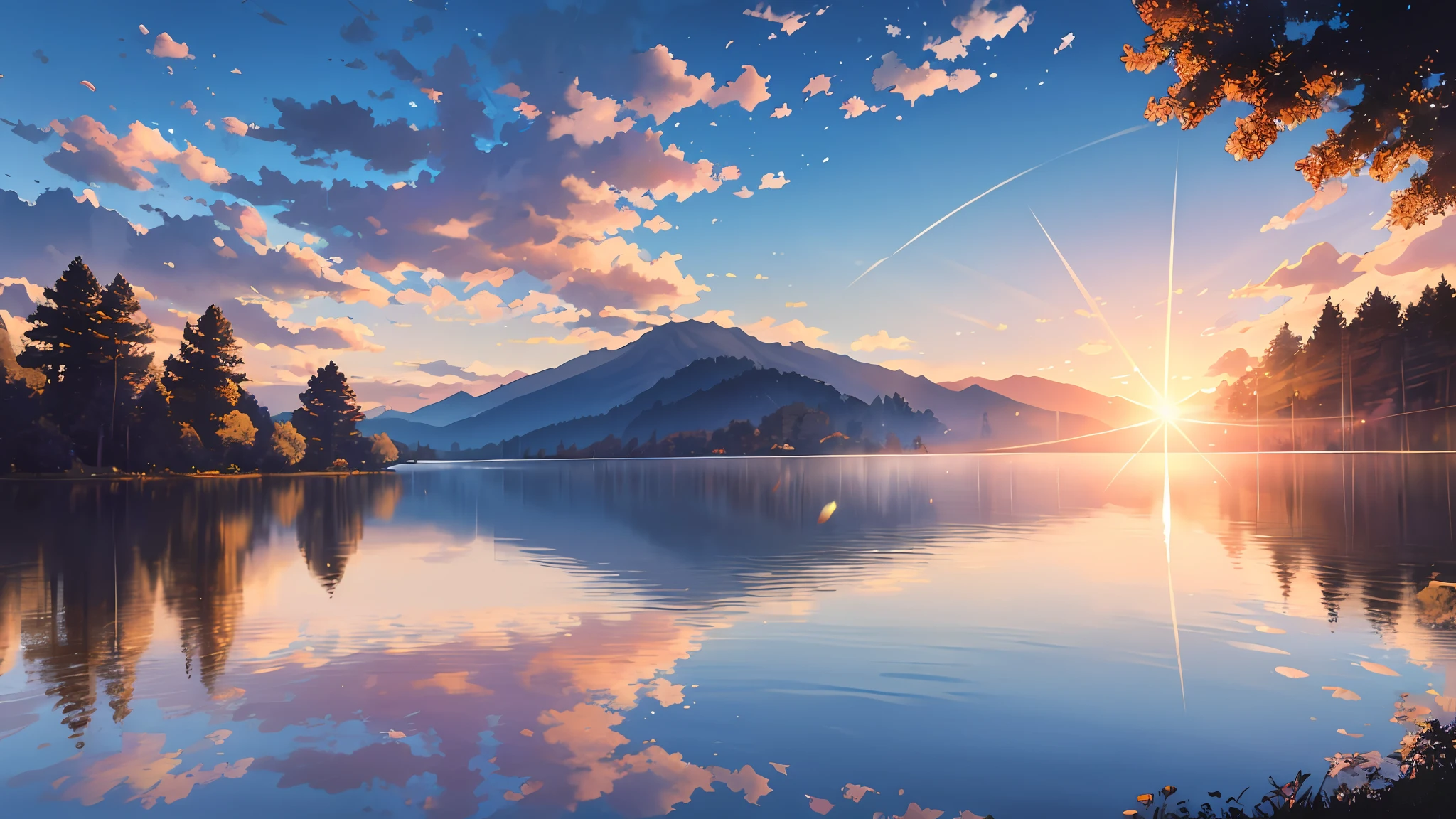 masterpiece, best quality, aesthetic, highres RAW photo, landscape photography, wide shot, from below, scenery, sunrise, blue sky, clouds, lake, reflection, sun, trees, floating leaves, ripples, foreground interest, depth of field, cinematic lighting, asymmetric composition, professional shadows, sharp focus, lens flare